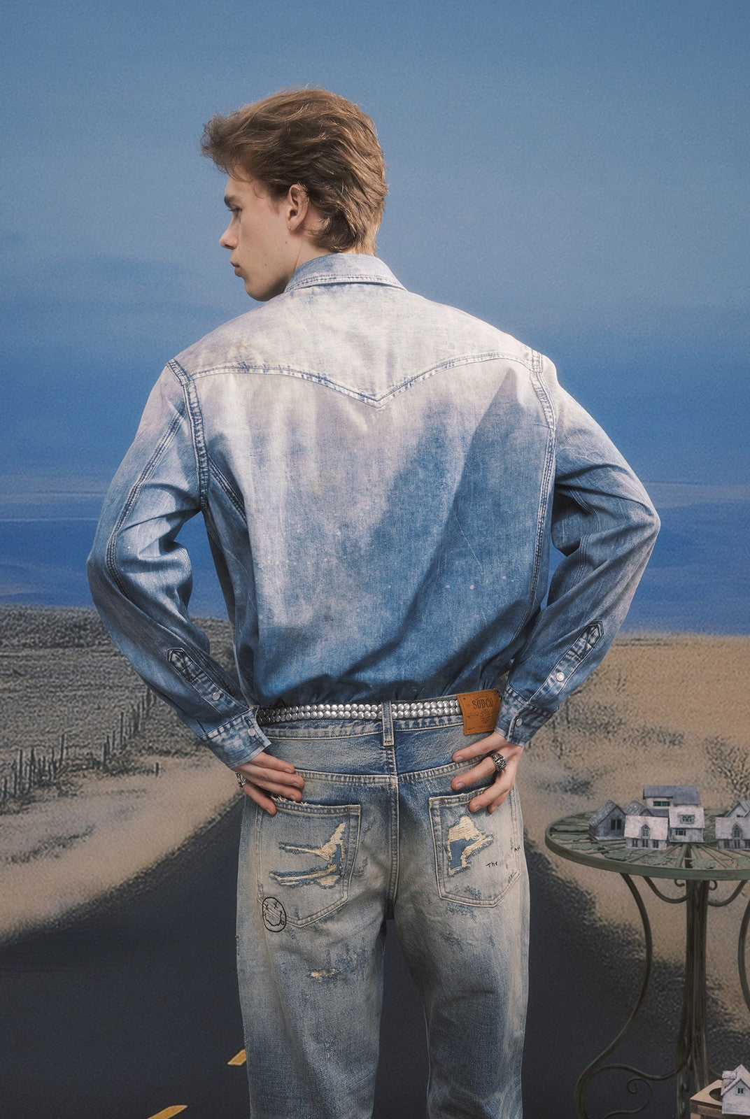SOD Distressed Ink Splatter Denim Shirt in Blue - On Model