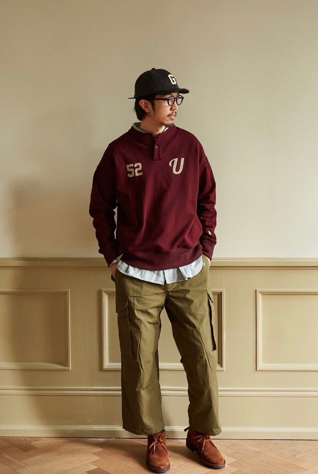 USAGE Terry Cotton Henley Sweatshirt in Burgundy - On Male Model