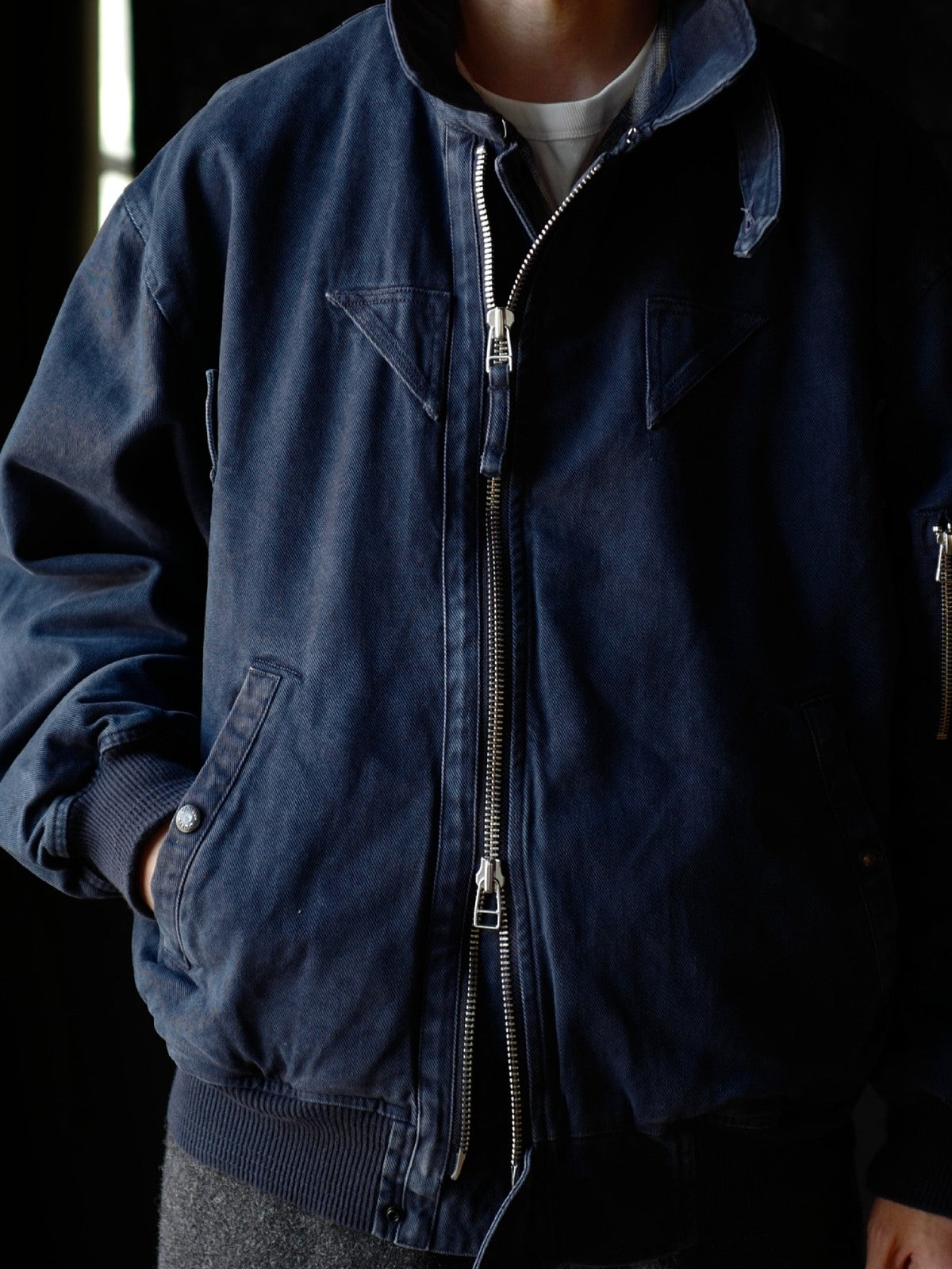 USAGE Washed Cotton Lyocell B 15 Bomber in Navy - On Male Model