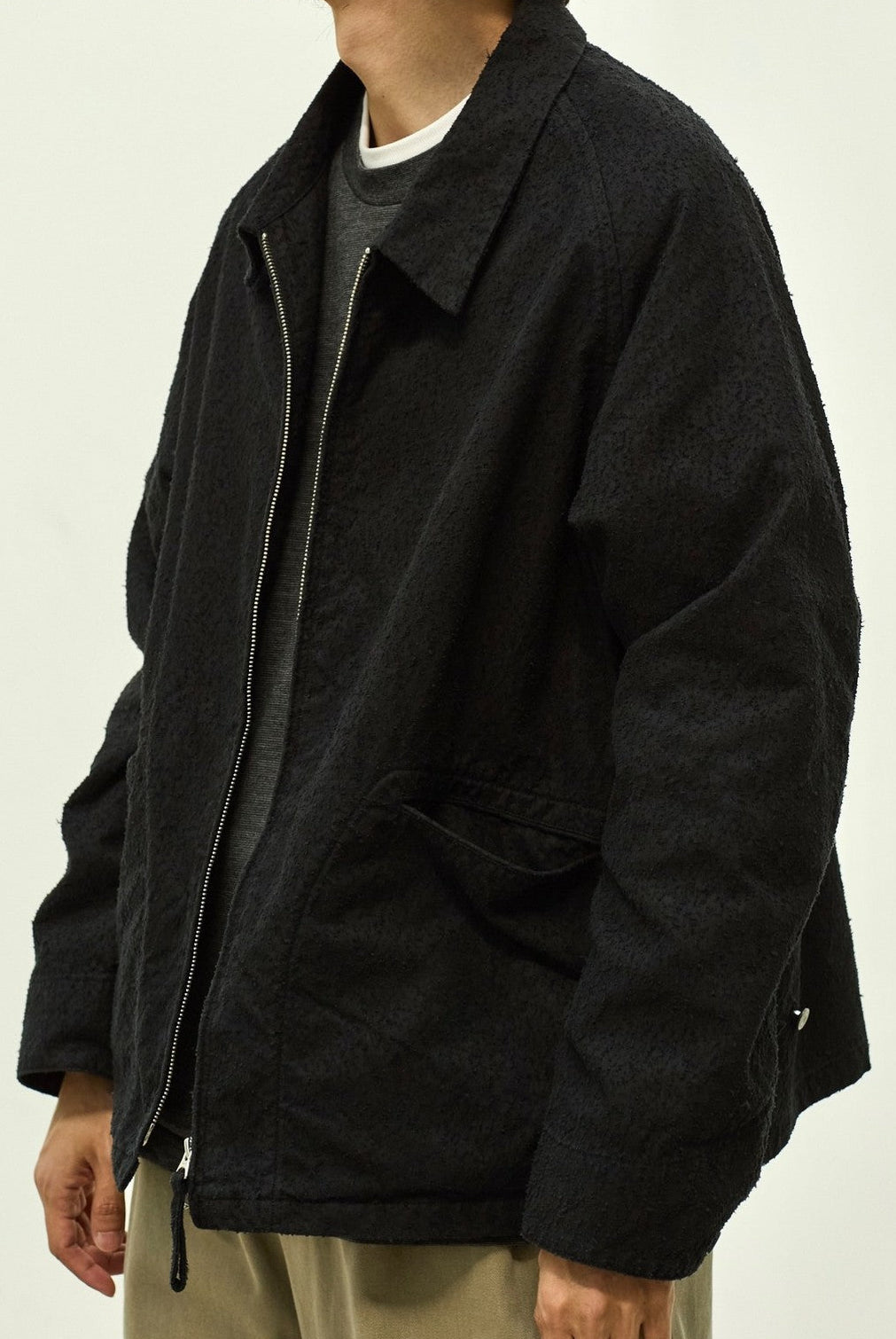 USAGE Textured Nep Blouson Jacket in Black - On Male Model