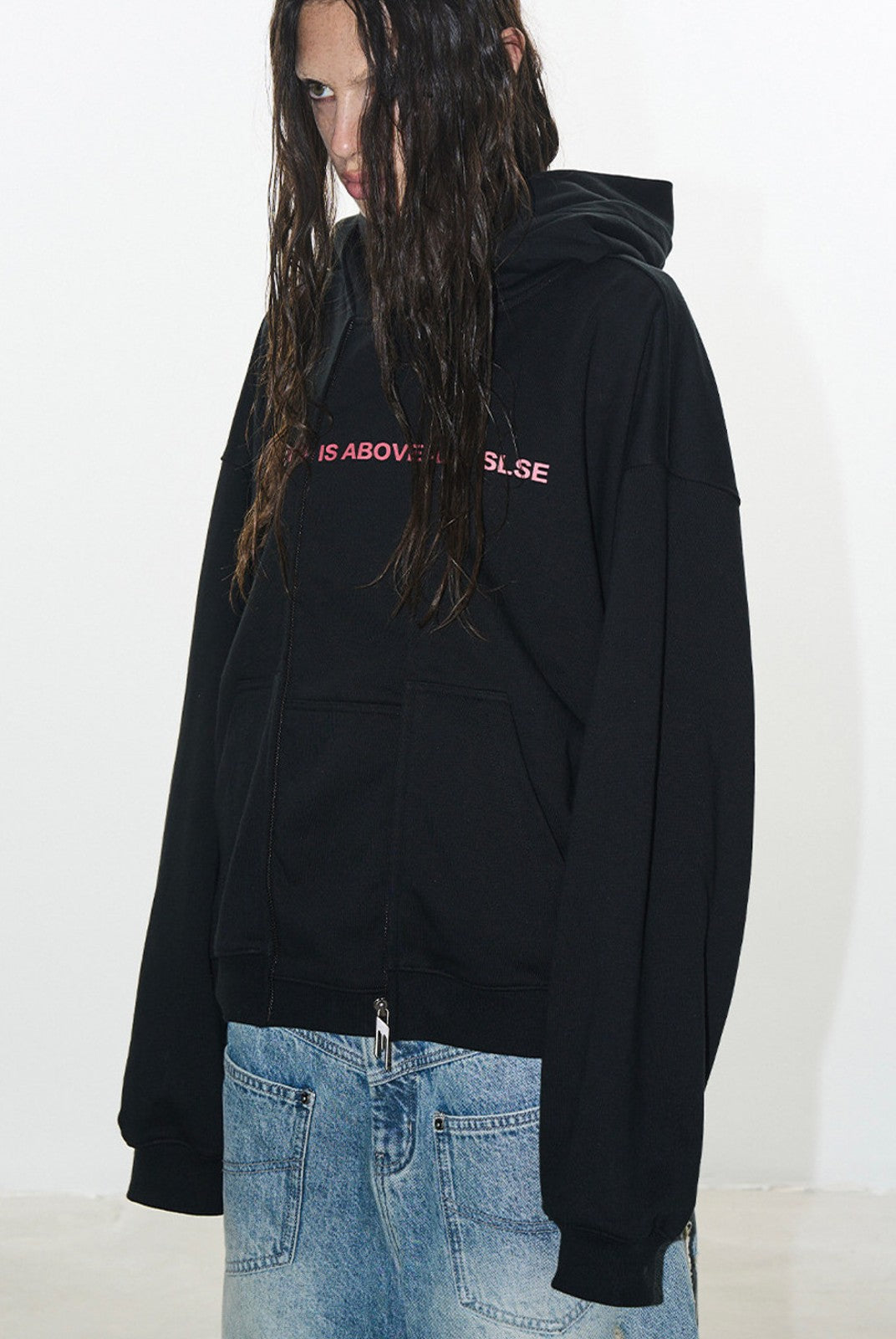 BLINDNOPLAN Faux Double Layer Paneled Hoodie in Black - On Female Model