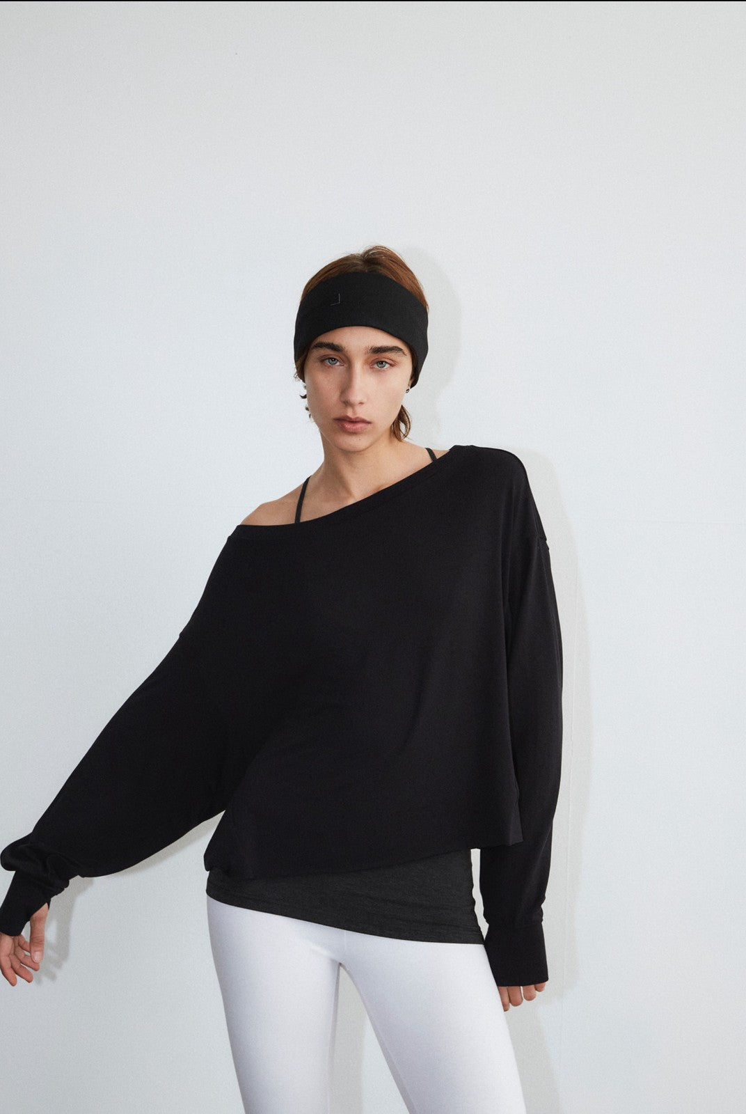FaxCopyExpress Off Shoulder Overlay Sweatshirt in Black - On Female Model