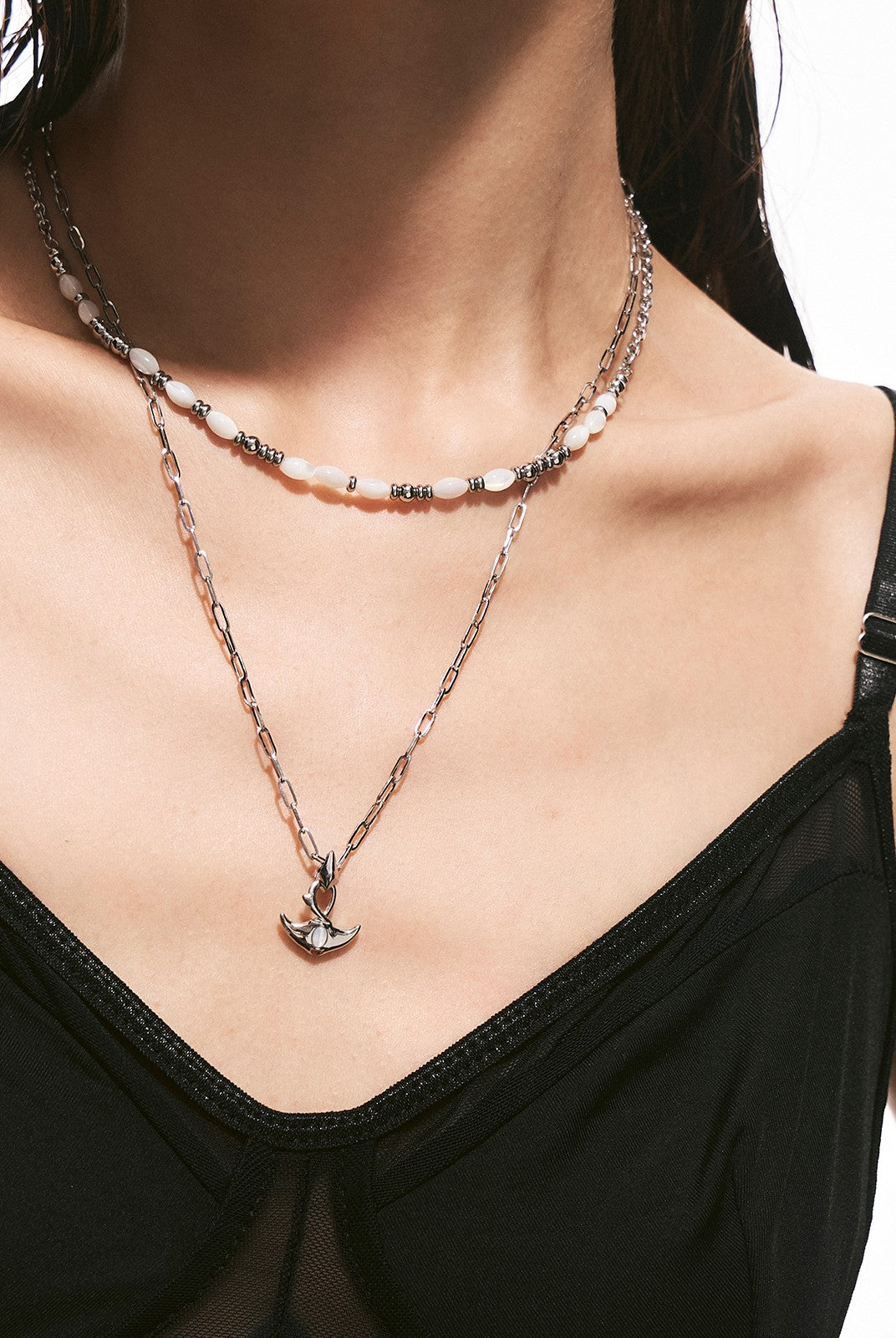 BLACKHEAD Double Layer Manta Ray Necklace in Silver - On Female Model