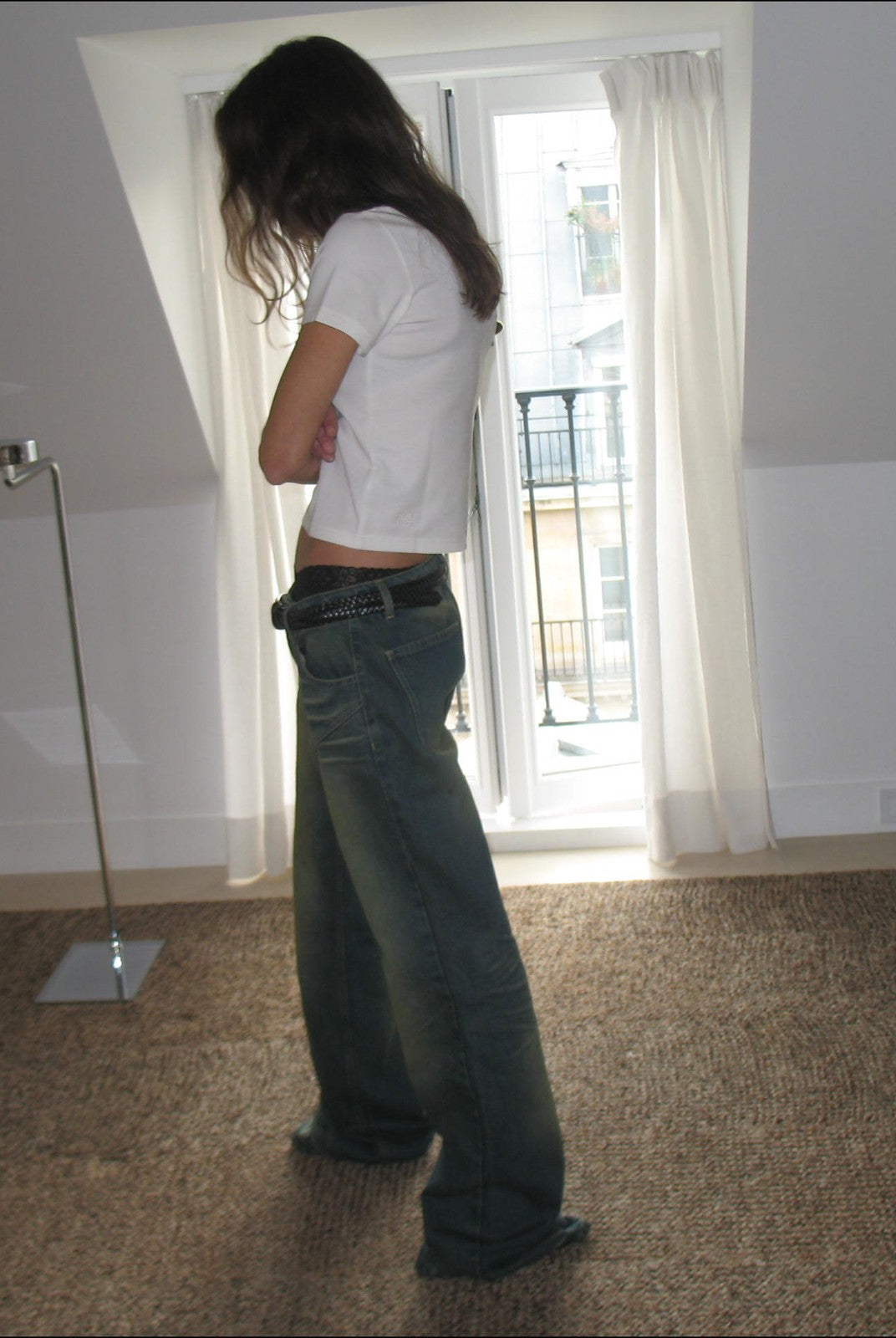 FaxCopyExpress Curved Panel Dirty Wash Jeans in Denim - On Female Model