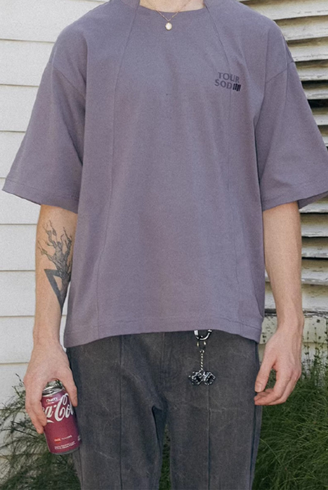 SOD Deconstructed Panel Cotton T Shirt in Purple - On Model