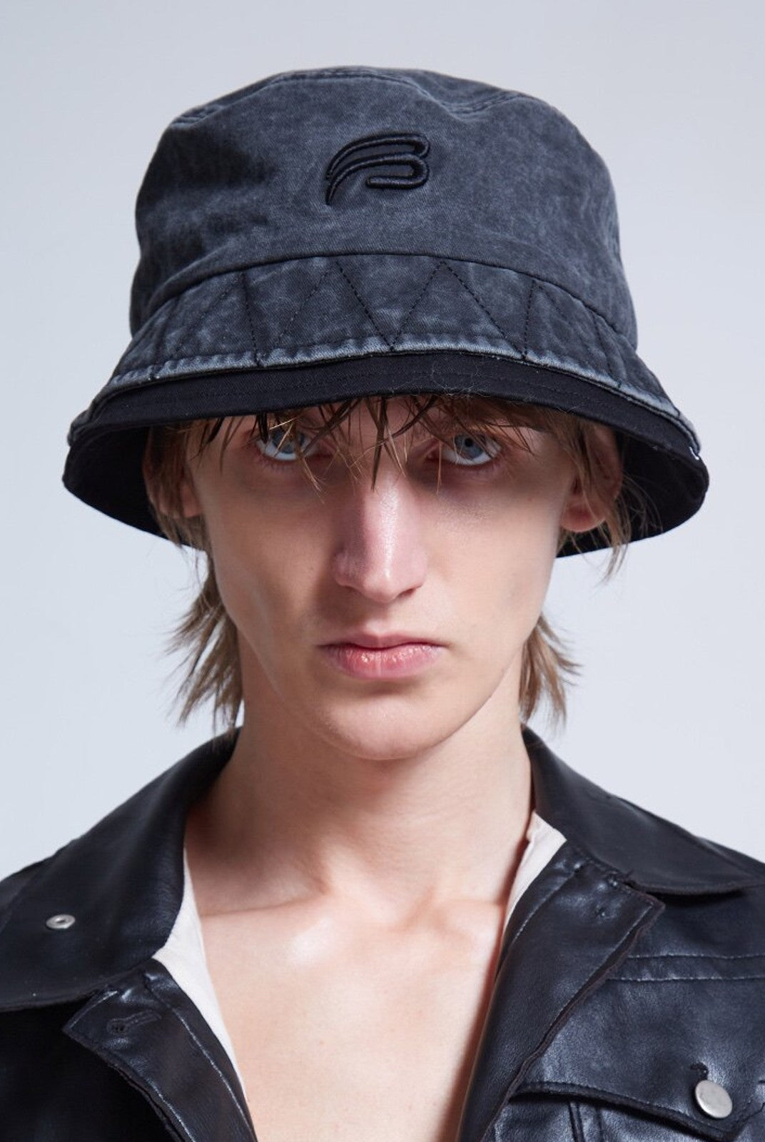 BLACKHEAD Washed Cotton Double Brim Bucket Hat in Gray - On Male Model