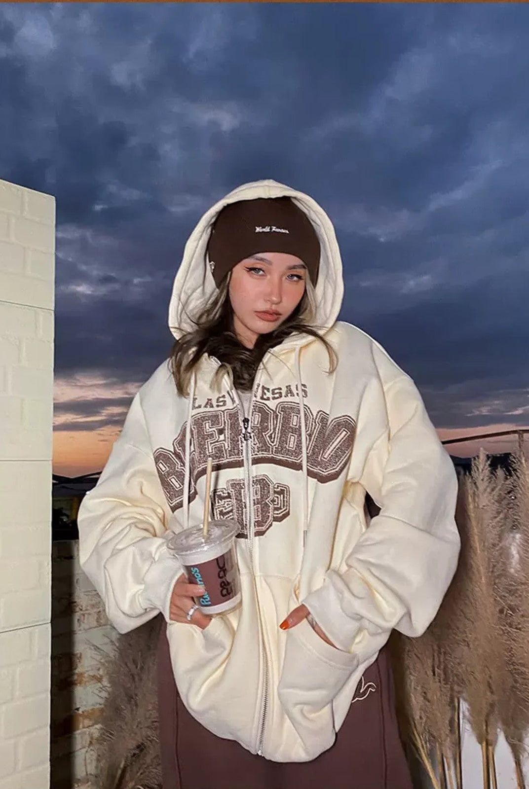 BeerBro Fleece Lined Split Hem Sweatpants in Cream - Lifestyle