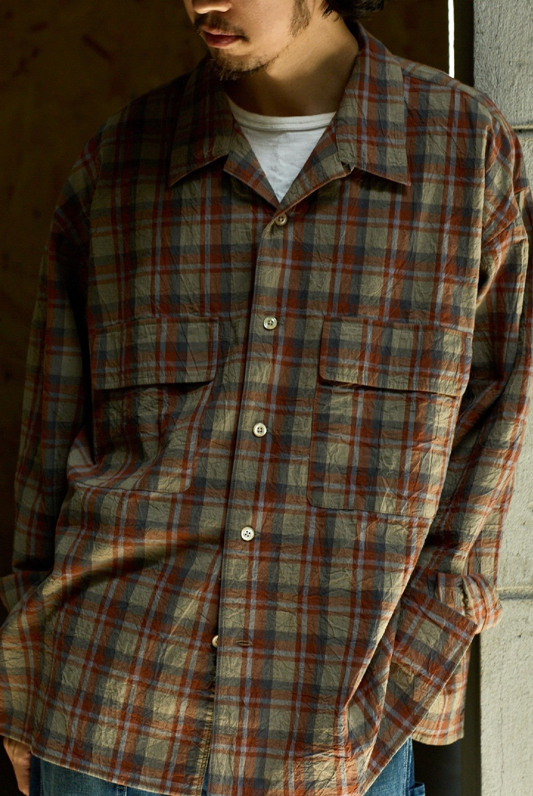 USAGE Washed Crinkle Plaid Open Collar Shirt in Orange - On Male Model