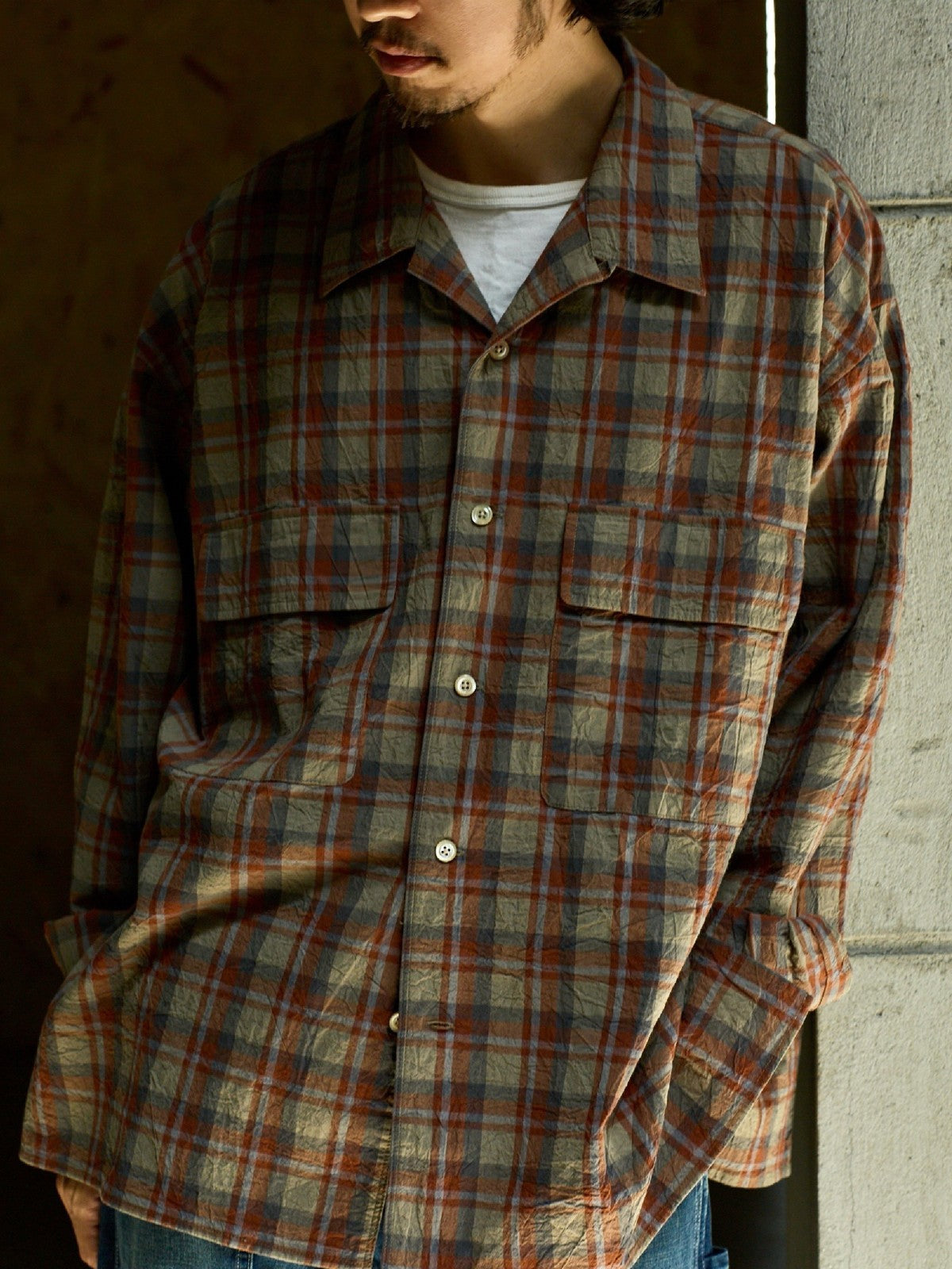USAGE Washed Crinkle Plaid Open Collar Shirt in Orange - On Male Model
