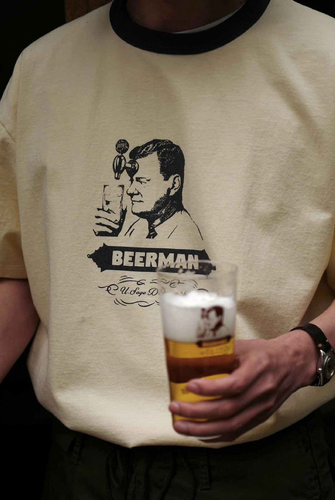 USAGE Graphic Cotton Ringer T Shirt in Cream - On Male Model