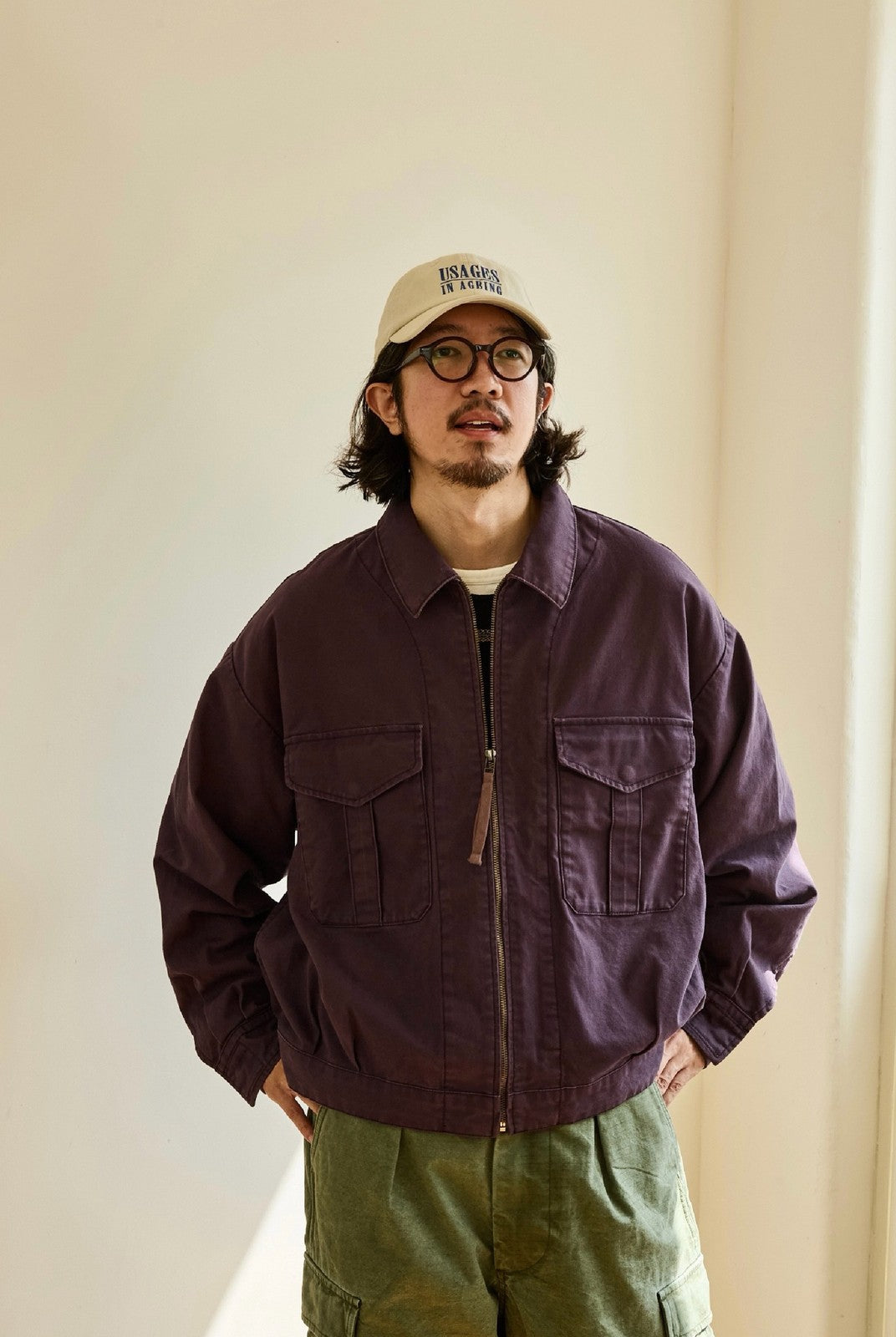 USAGE Heavyweight Canvas Cropped Workwear Jacket in Purple - On Male Model