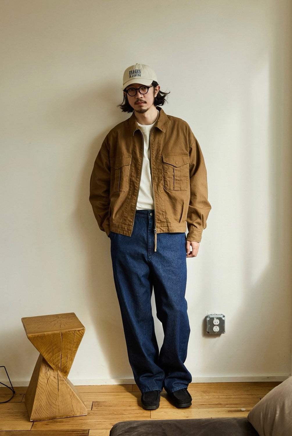USAGE Heavyweight Canvas Cropped Workwear Jacket in Brown - On Male Model