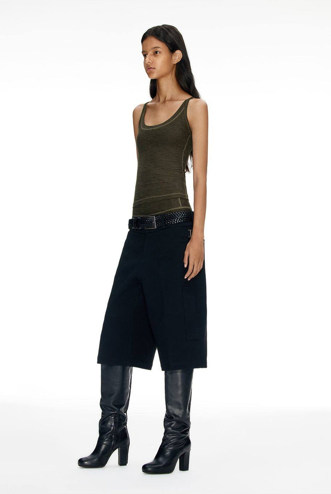 FaxCopyExpress Long U Cut Racer Tank in Olive - On Female Model