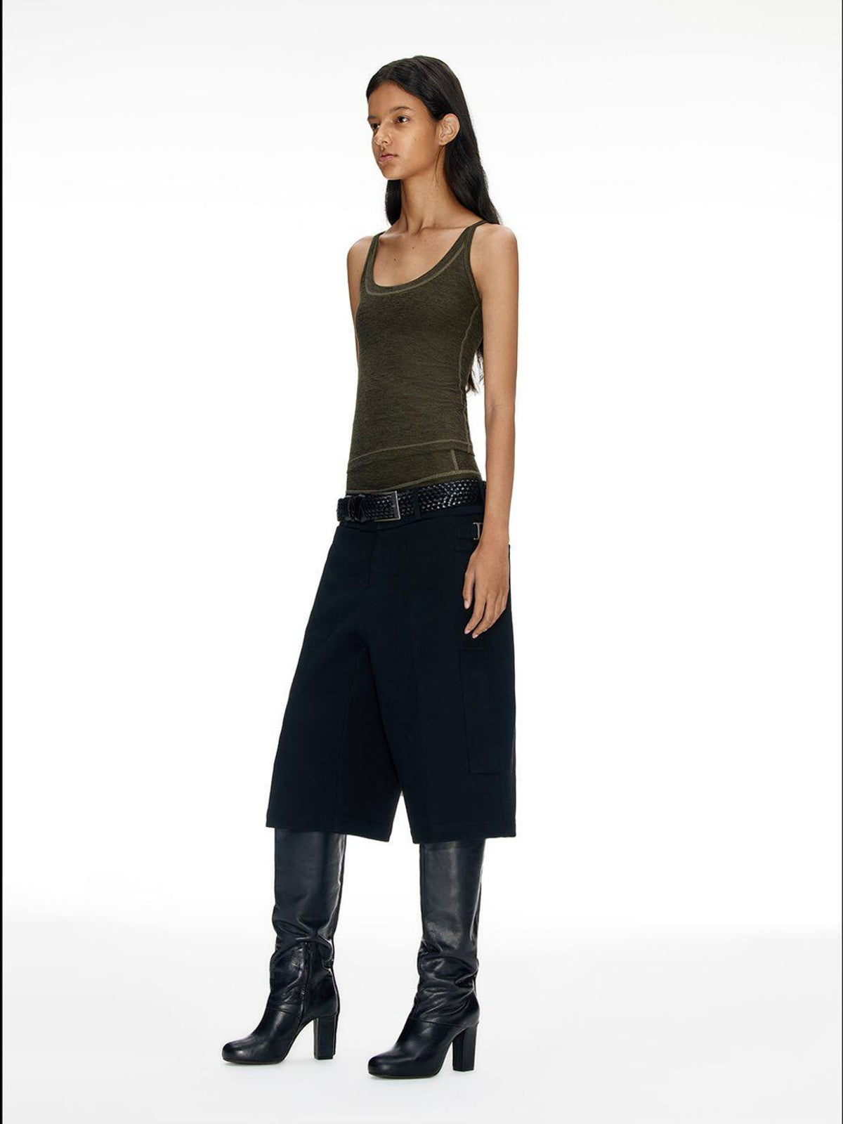 FaxCopyExpress Long U Cut Racer Tank in Olive - On Female Model