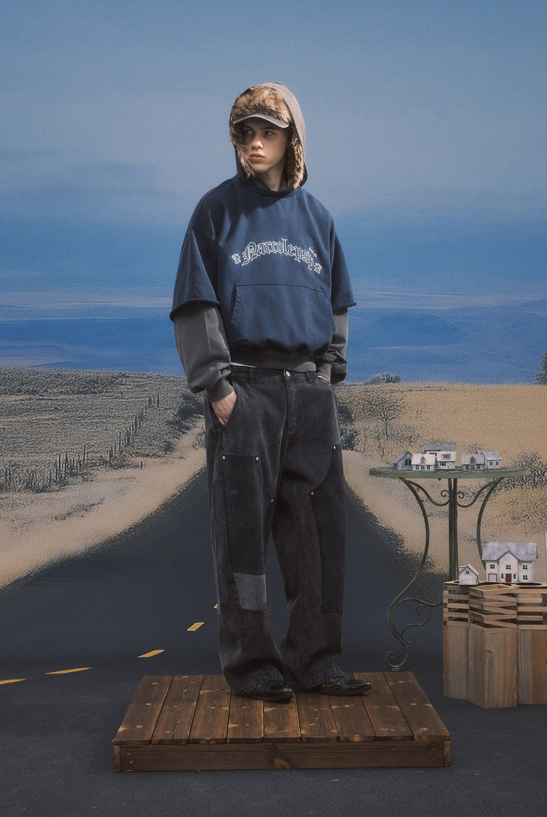 SOD Distressed Layered Effect Hoodie in Blue - On Male Model