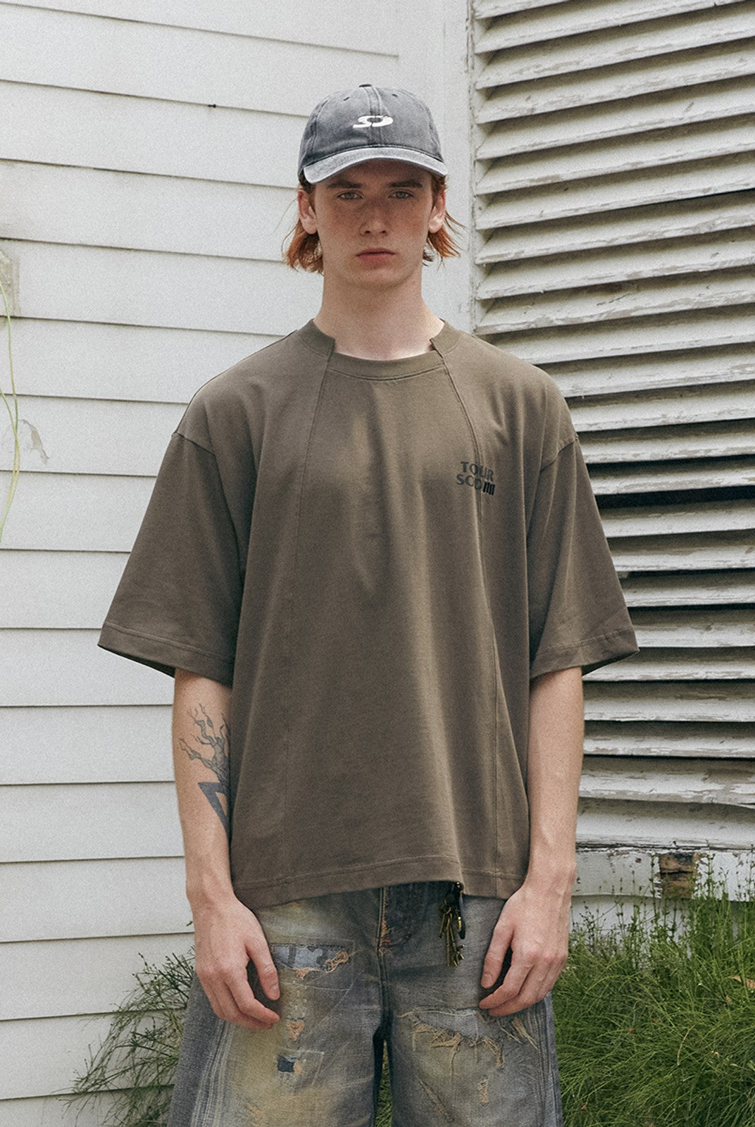 SOD Deconstructed Panel Cotton T Shirt in Olive - On Male Model