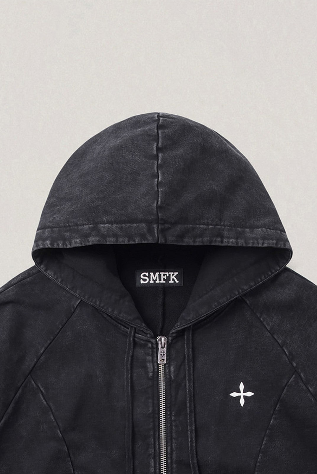 SMFK Distressed Washed Cotton Zip Up Hoodie in Gray - Detail