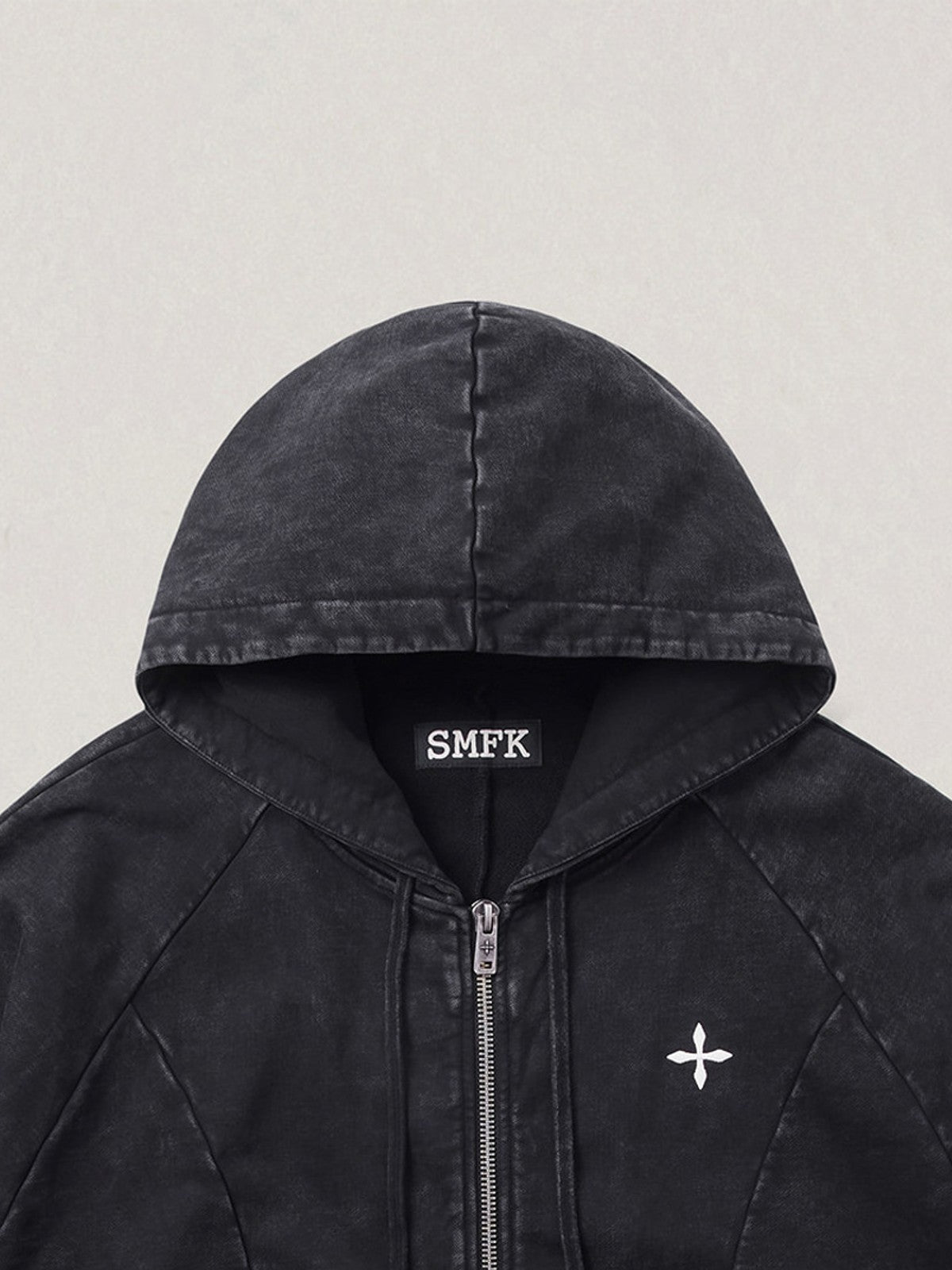 SMFK Distressed Washed Cotton Zip Up Hoodie in Gray - Detail