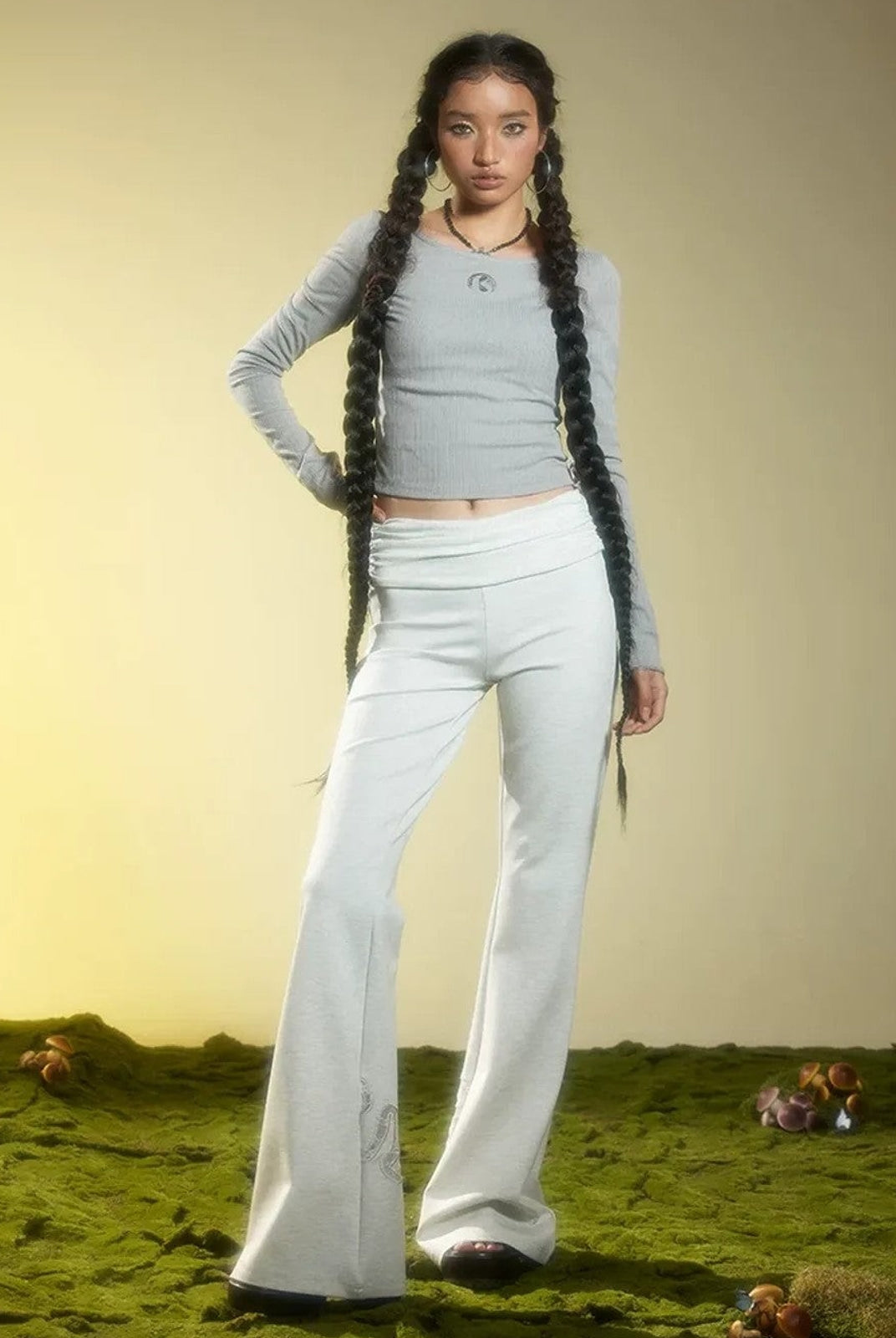 BeerBro Ruched Waist Stretch Flared Pants in Gray - On Female Model