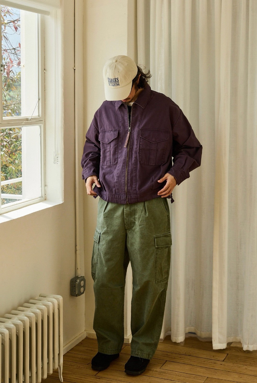 USAGE Heavyweight Canvas Cropped Workwear Jacket in Purple - On Male Model