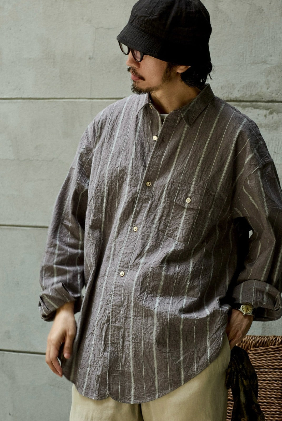 USAGE Crinkled Cotton Striped Button Down in Gray - On Male Model