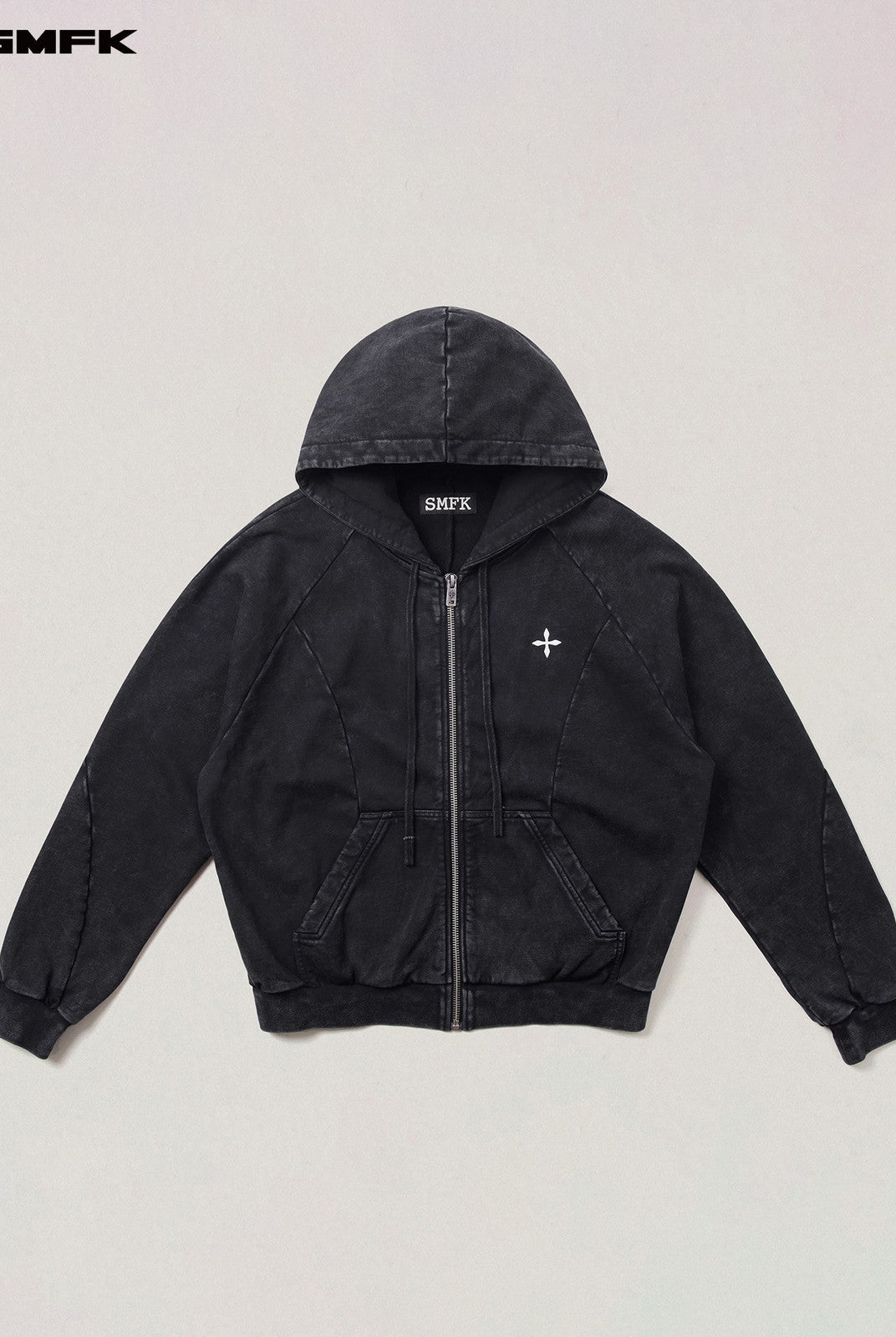 SMFK Distressed Washed Cotton Zip Up Hoodie in Gray