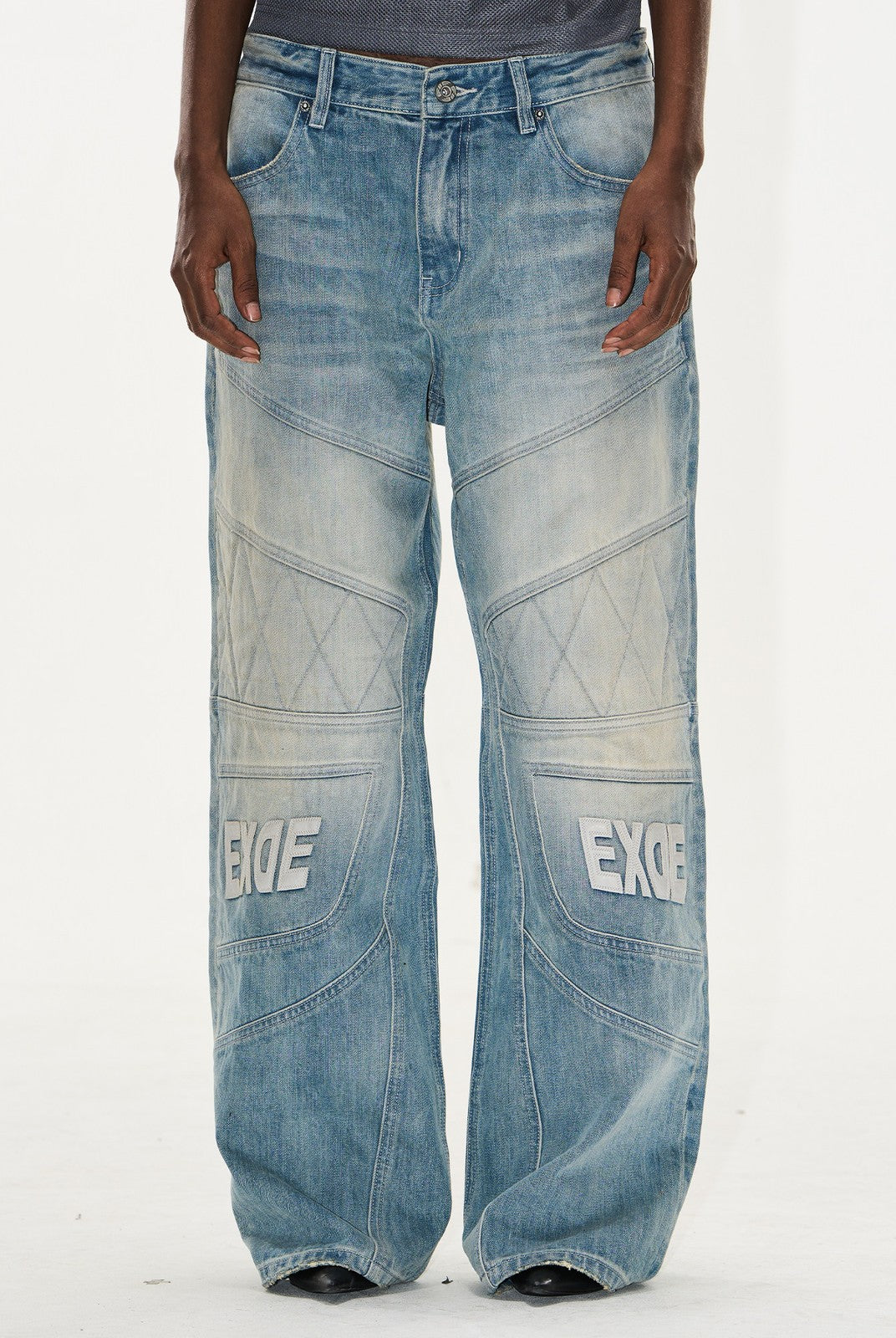 BLINDNOPLAN Paneled Embroidered Distressed Denim Pants in Blue - On Male Model