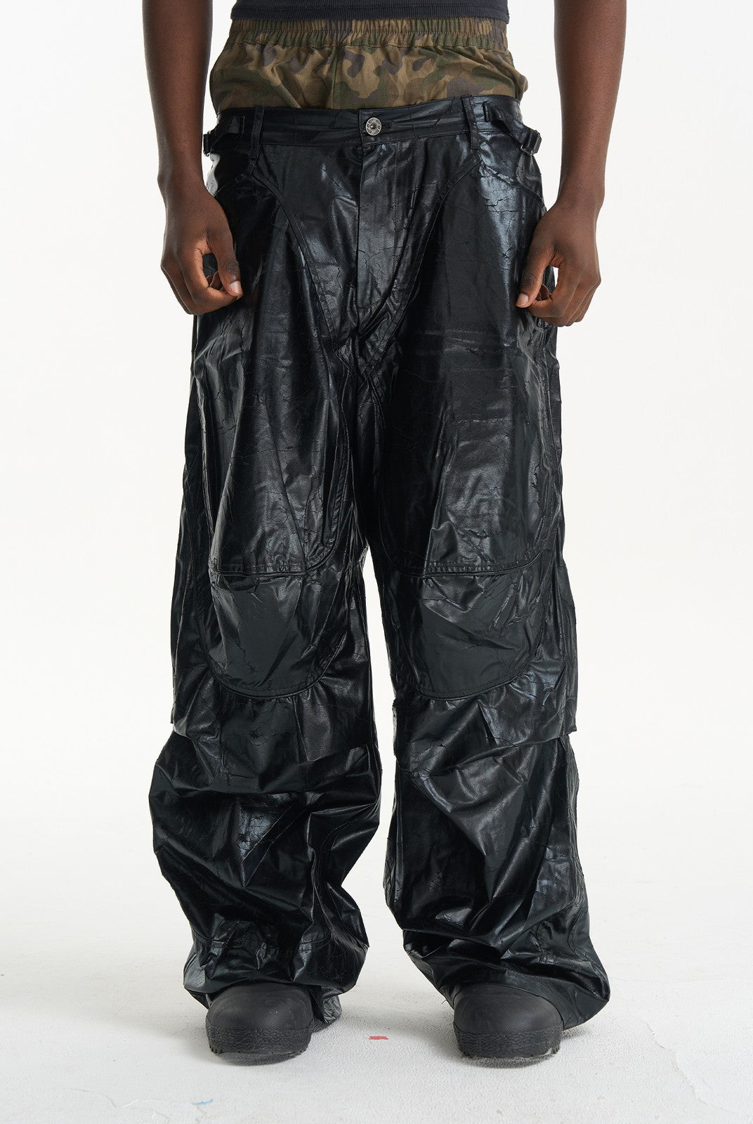 BLINDNOPLAN Faux Leather Layered Cargo Pants in Black - On Male Model