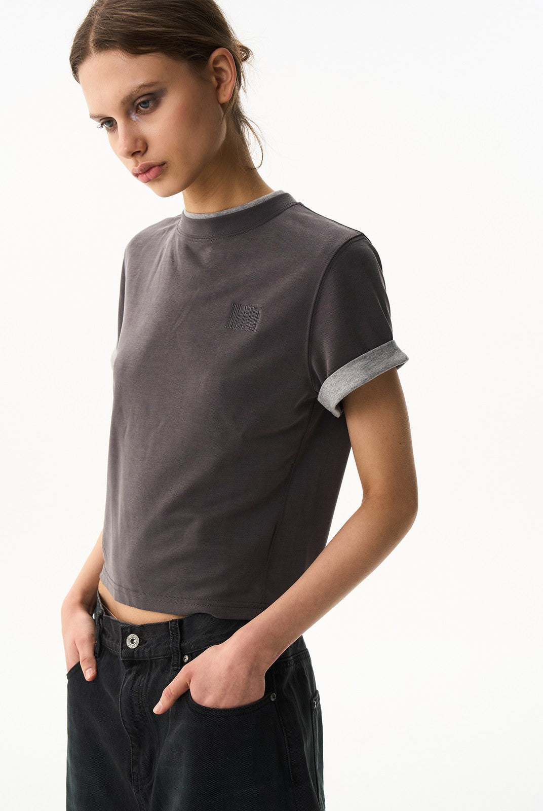 BLINDNOPLAN Embroidered Mock Two Piece T Shirt in Gray - On Female Model