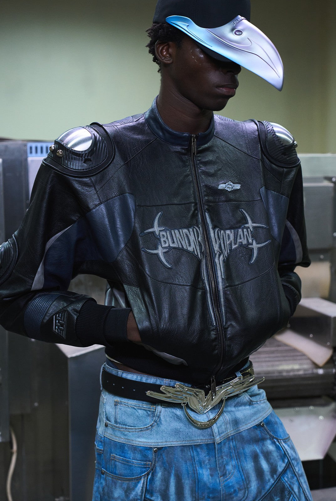 BLINDNOPLAN Cropped Paneled Faux Leather Moto Jacket in Black - On Male Model
