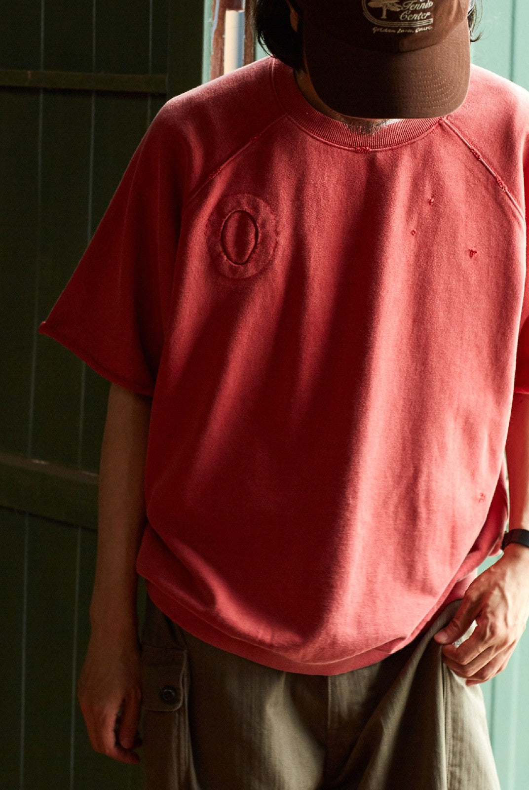 USAGE Vintage Wash Distressed Short Sleeve Sweatshirt in Red - On Male Model