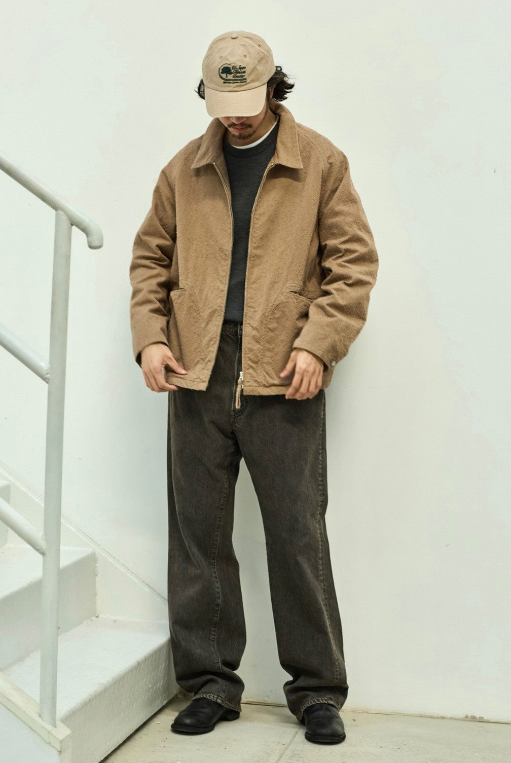 USAGE Textured Nep Blouson Jacket in Beige - On Male Model