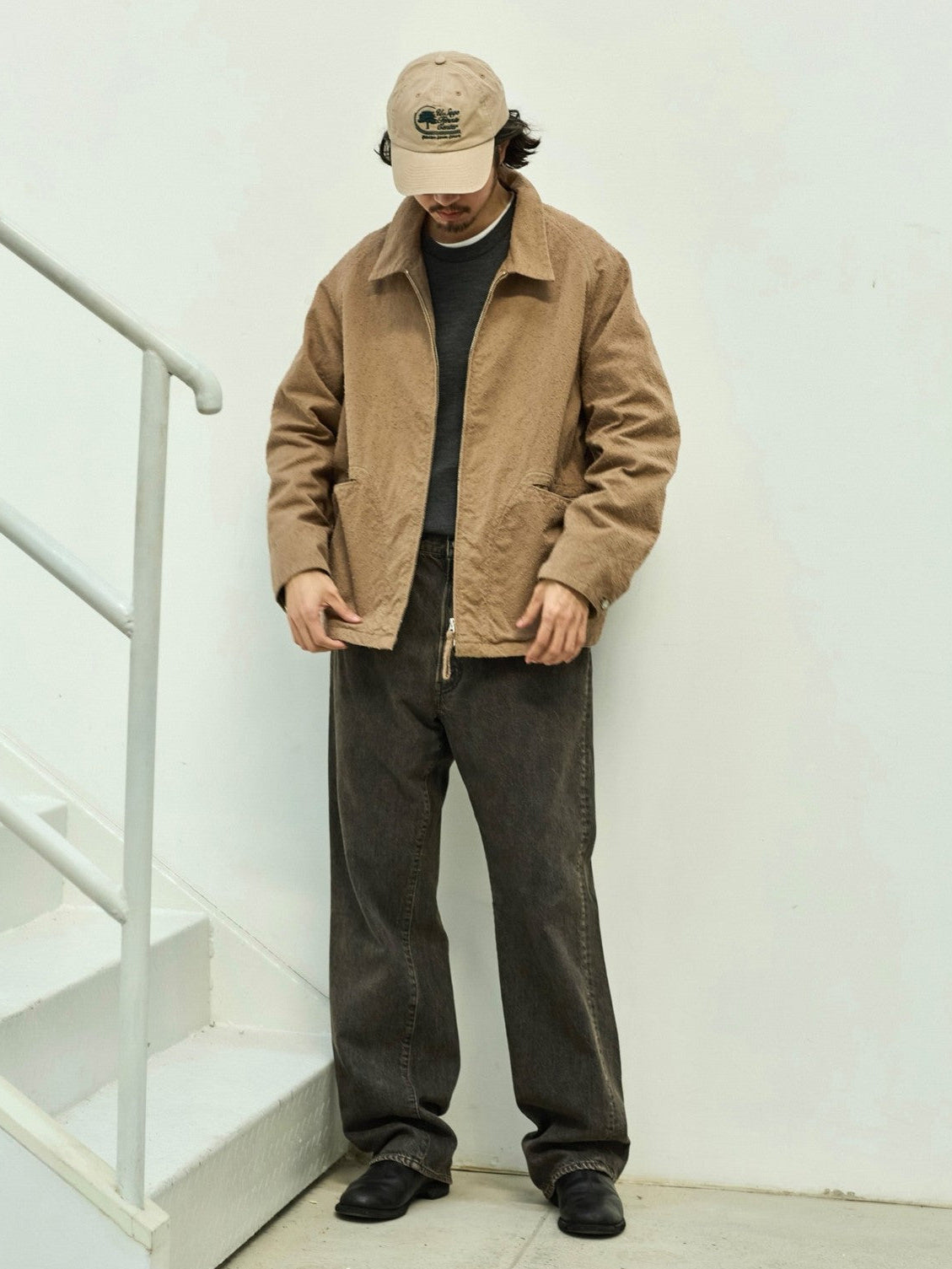 USAGE Textured Nep Blouson Jacket in Beige - On Male Model