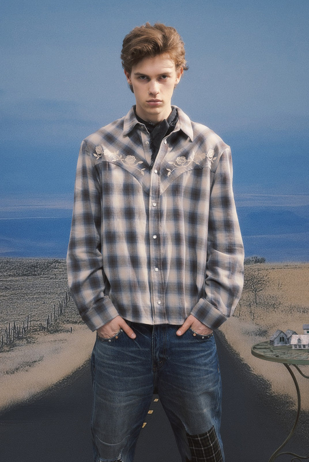 SOD Embroidered Plaid Western Shirt in Gray - On Male Model