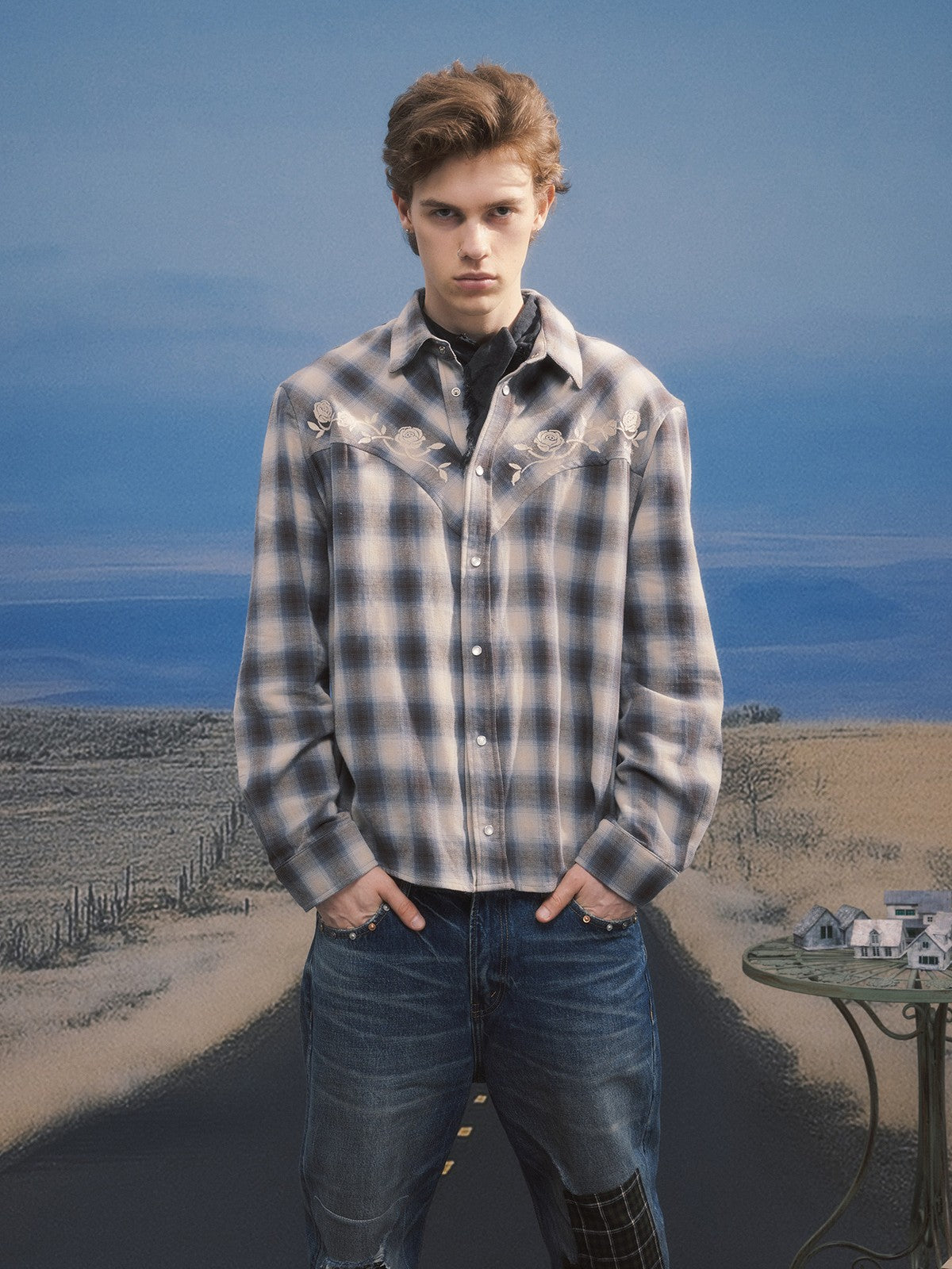 SOD Embroidered Plaid Western Shirt in Gray - On Male Model