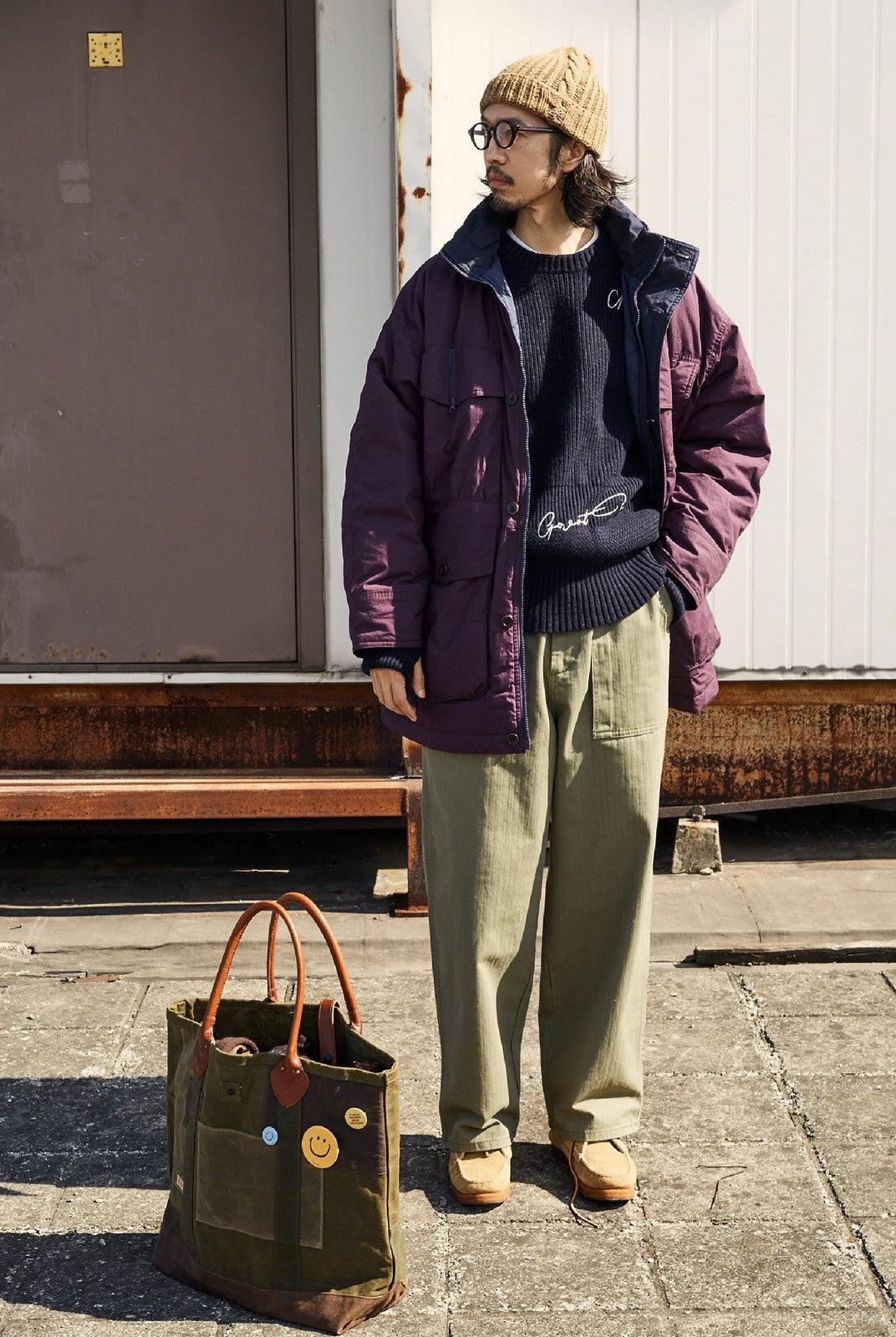 USAGE Heavyweight Herringbone Baker Pants in Olive - On Male Model