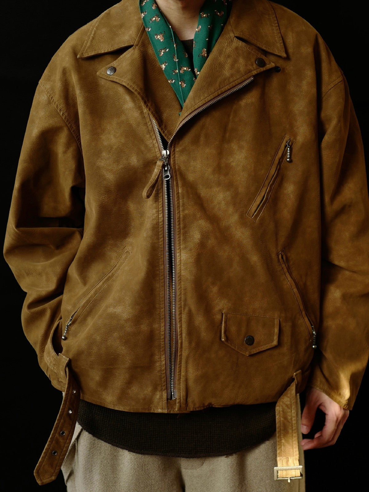 USAGE Distressed Faux Suede Moto Jacket in Brown - On Male Model