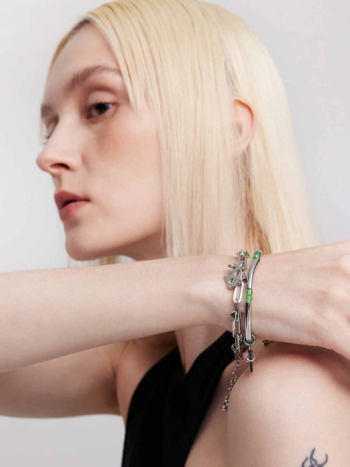 BLACKHEAD Double Layer Cat Charm Bracelet in Silver - On Female Model