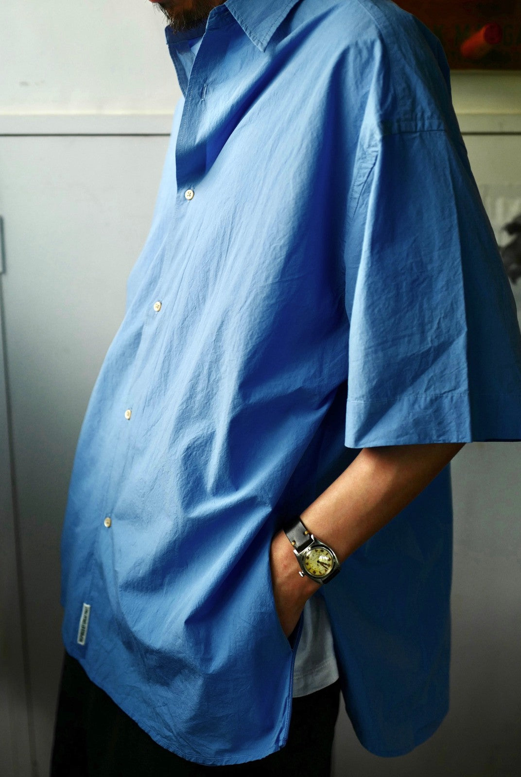 USAGE Cotton Crinkle Short Sleeve Shirt in Blue - On Male Model