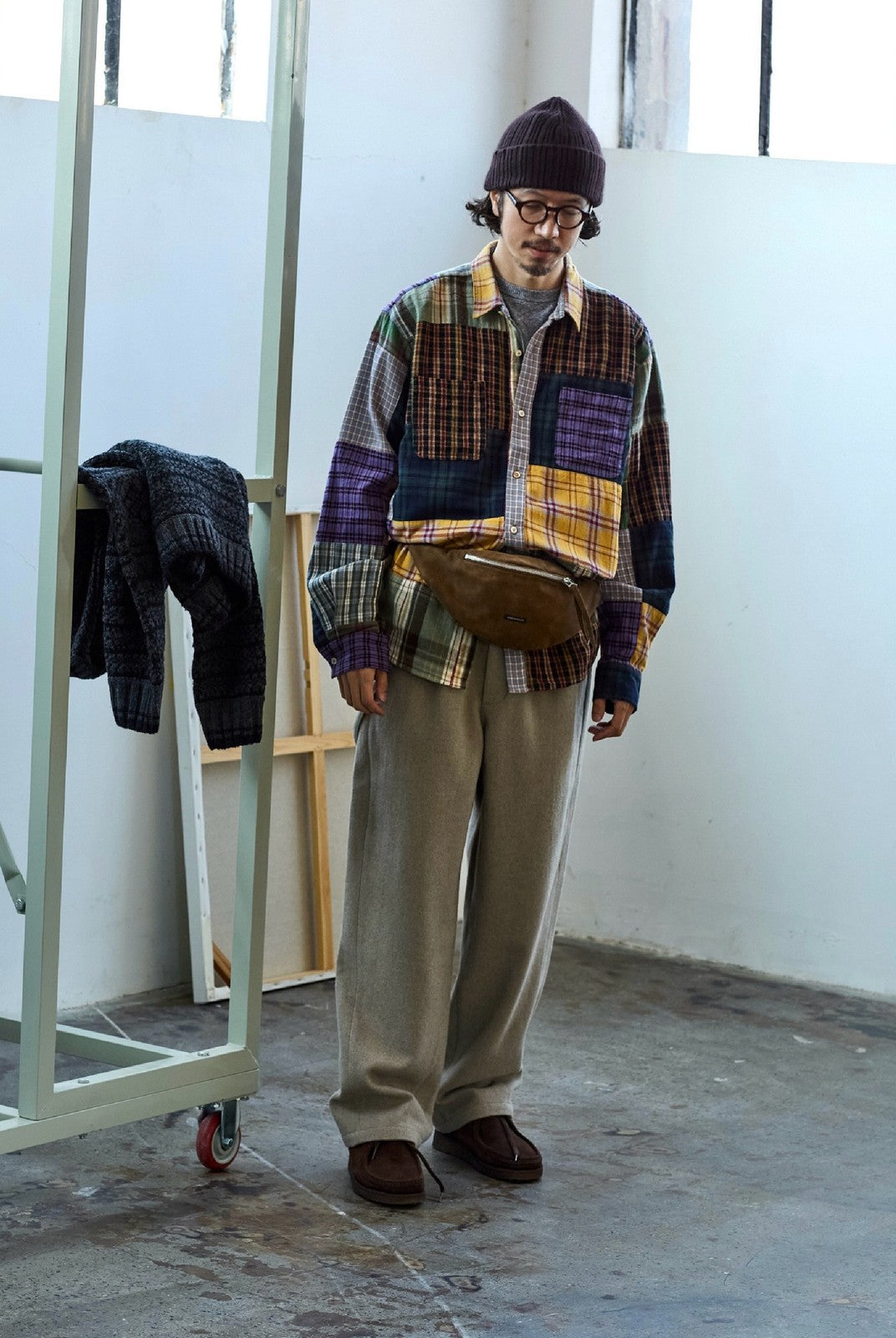 USAGE Cotton Plaid Patchwork Shirt in Patchwork - On Male Model