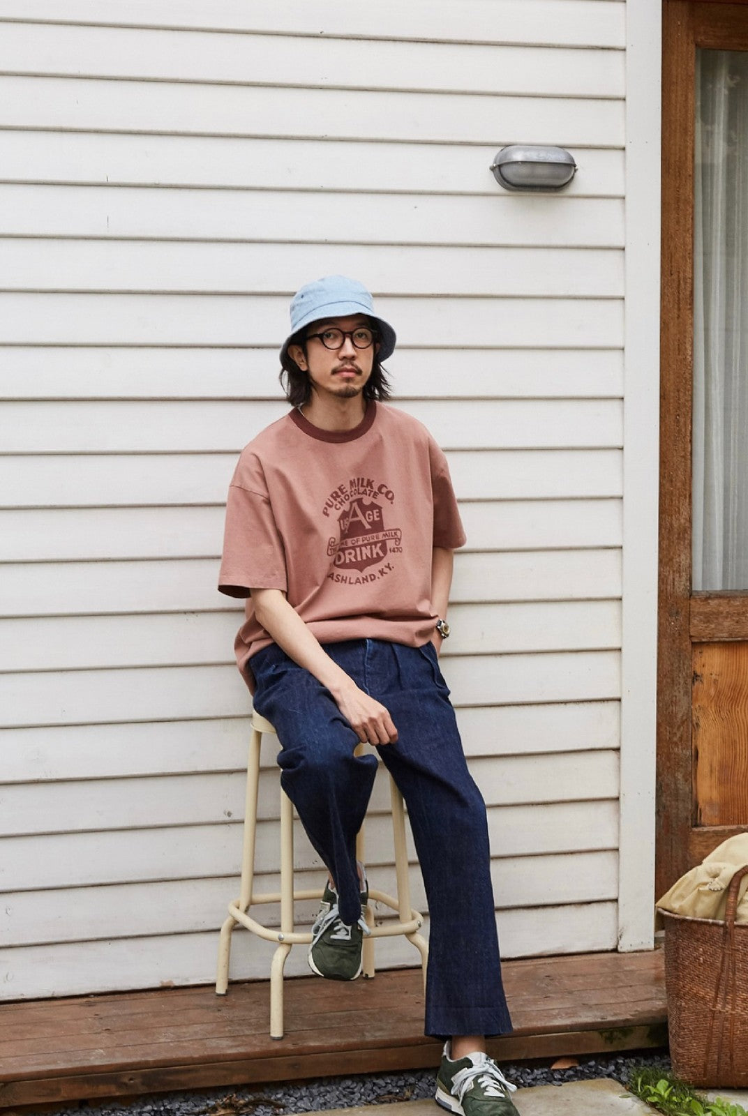 USAGE Graphic Cotton Ringer T Shirt in Pink - On Male Model