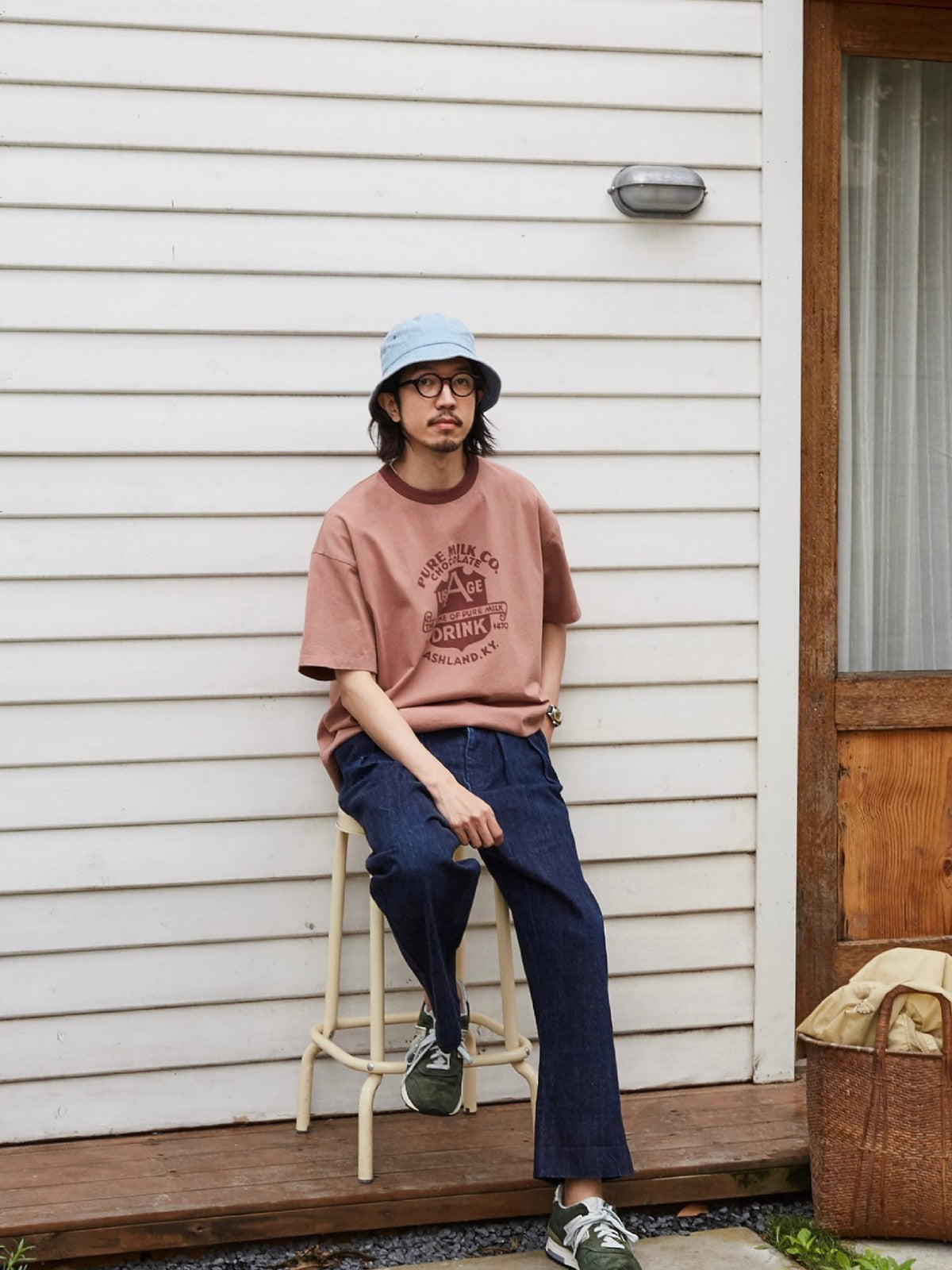 USAGE Graphic Cotton Ringer T Shirt in Pink - On Male Model