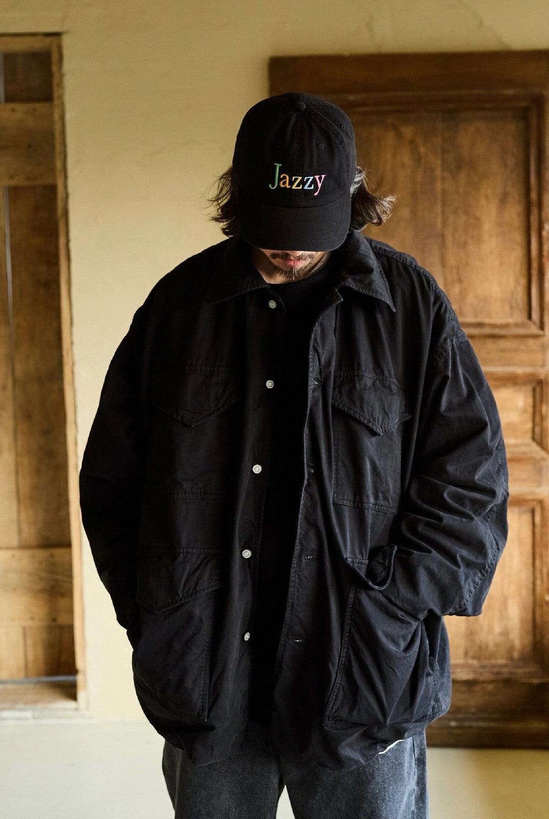 USAGE Washed Cotton Twill M65 Jacket in Black - On Male Model