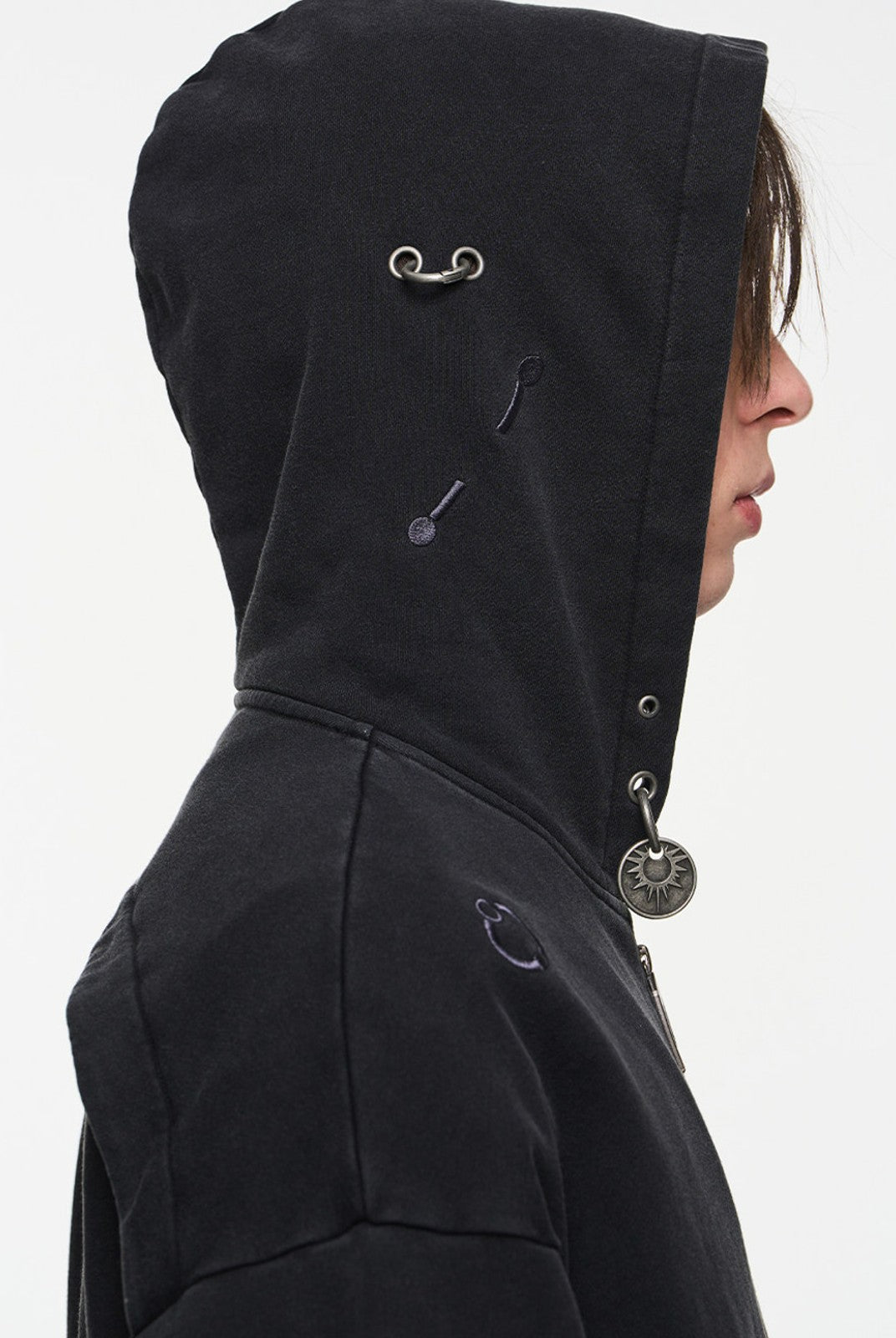 BLINDNOPLAN Washed Distressed Graphic Zip Hoodie in Black - On Male Model