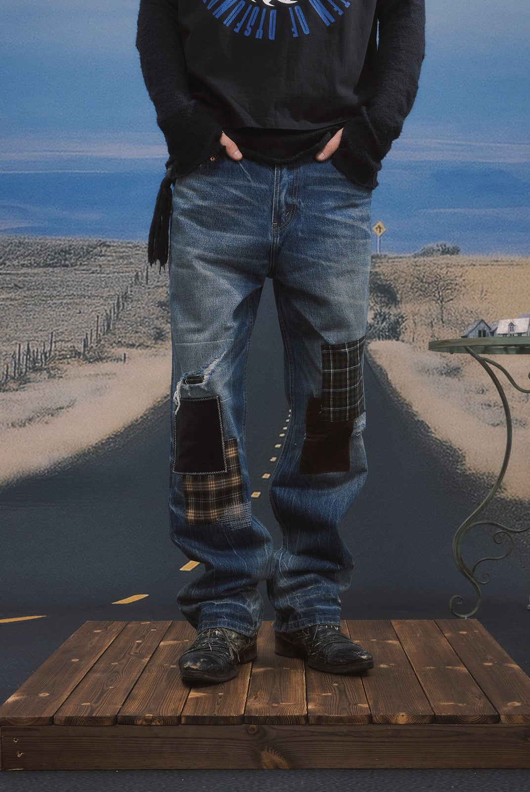 SOD Distressed Patchwork Jeans in Blue - On Model