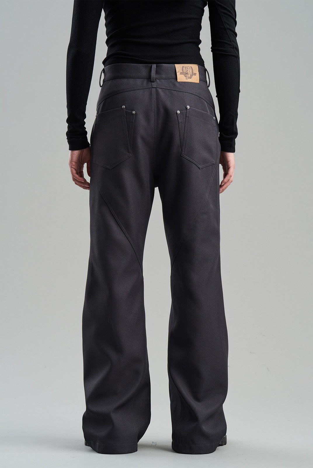 BLINDNOPLAN Diagonal Paneled Trousers with Rivets in Gray - On Model
