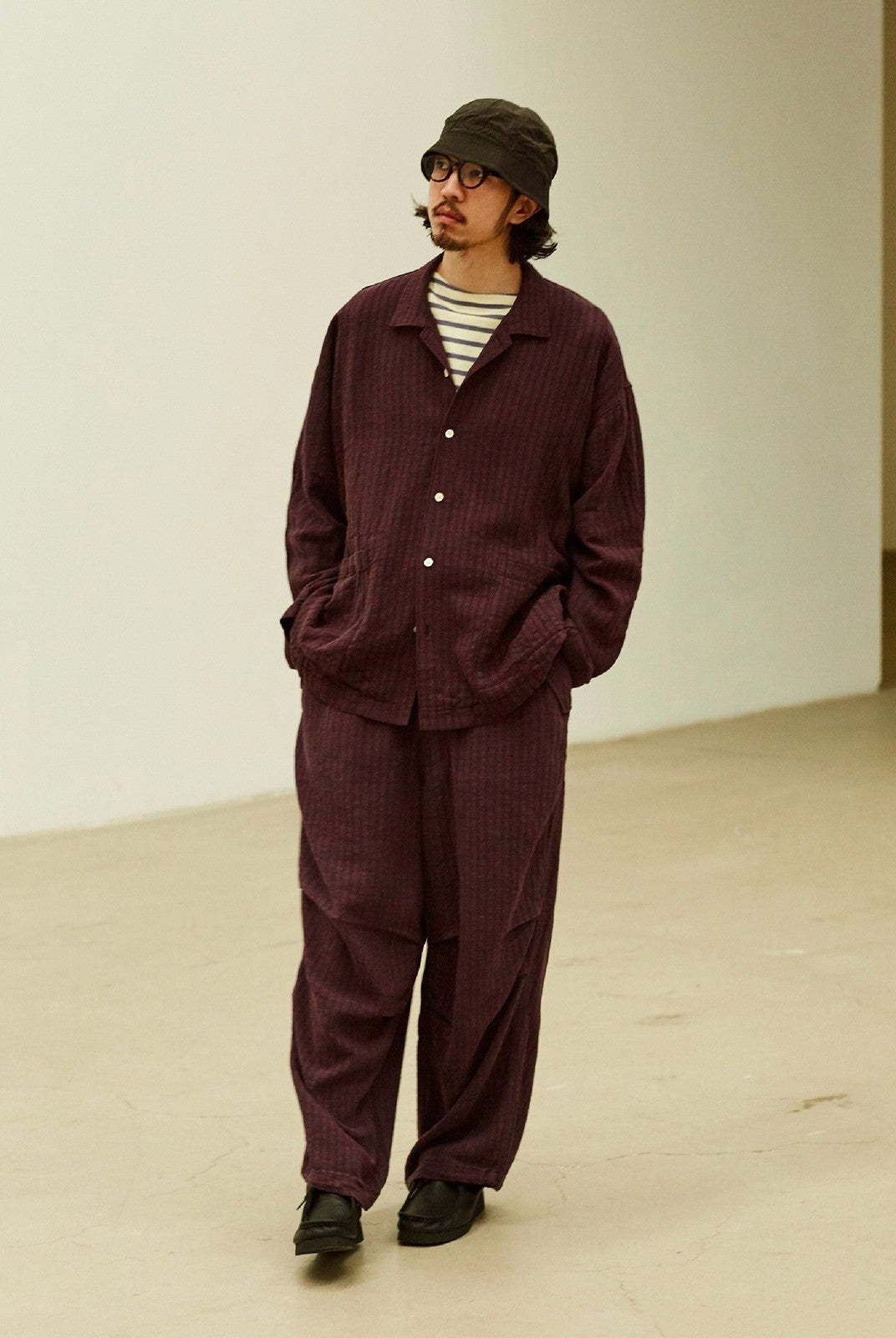 USAGE Textured Cotton Ramie Work Shirt in Purple - On Male Model