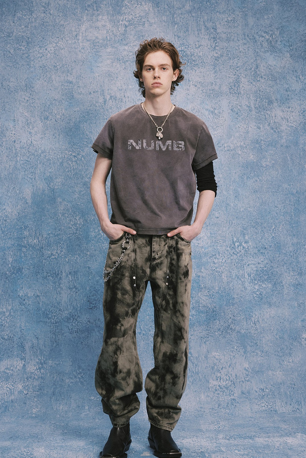 SOD Hand Tie Dye Distressed Straight Jeans in Gray - On Male Model