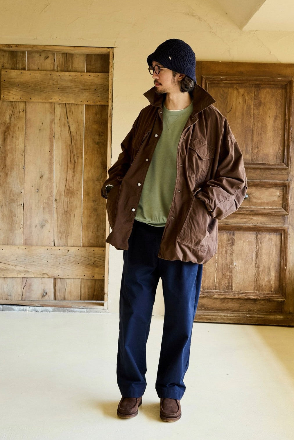USAGE Washed Cotton Twill M65 Jacket in Brown - On Male Model