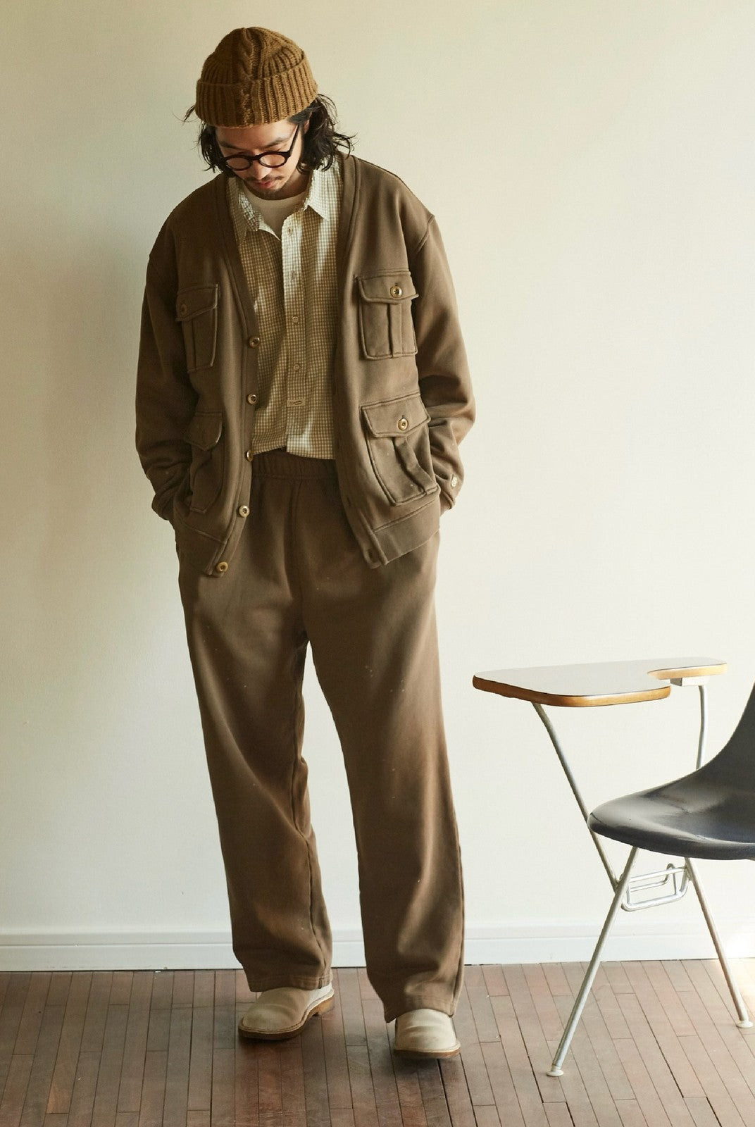 USAGE Cotton Safari Pocket Cardigan Sweatshirt in Beige - On Male Model